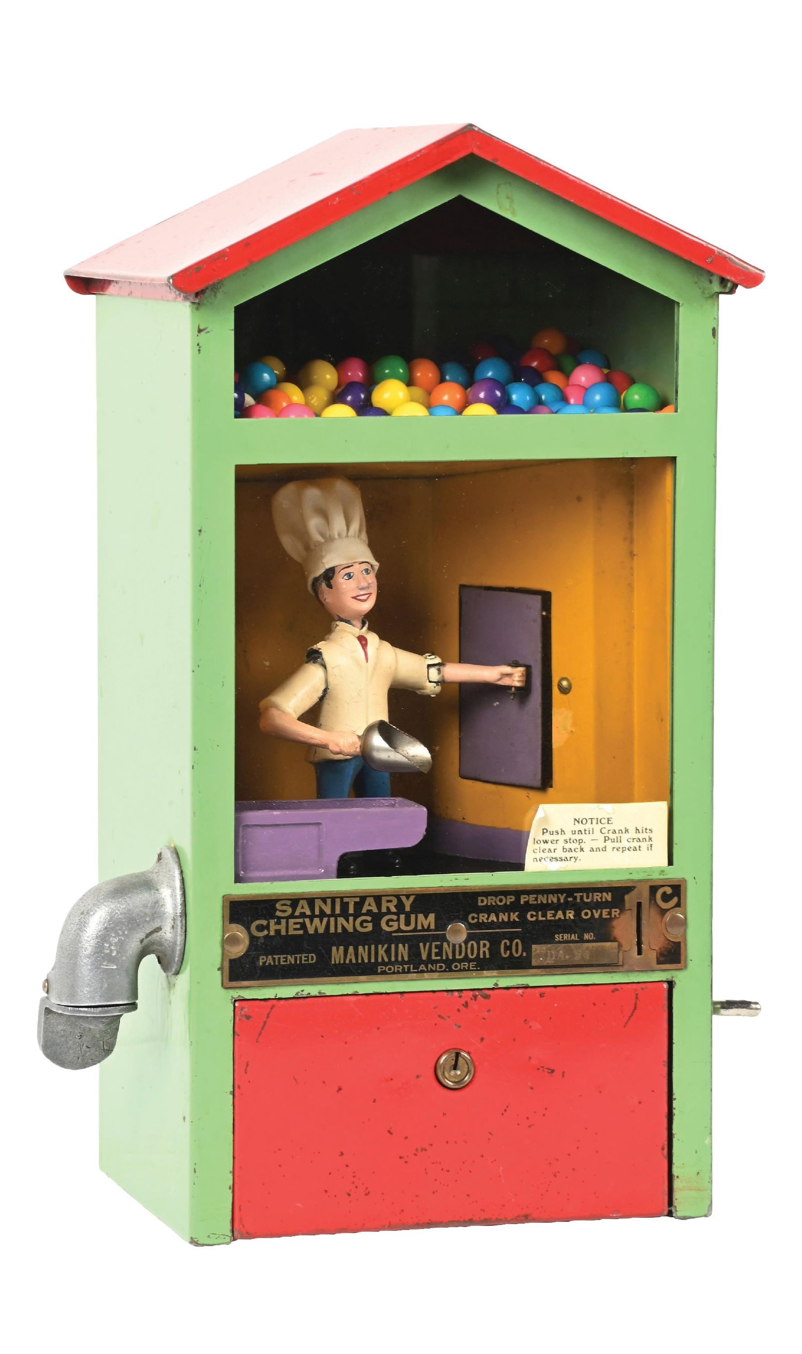 1¢ MANIKIN VENDOR CO. BAKER BOY GUM VENDING MACHINE: C: 1929 Manikin Vendor Co. CONDITION: All original Baker Boy gum ball vending machine. Original paint, front labeling and paint to the baker. Currently Operating correctly and subject to shipping. As 