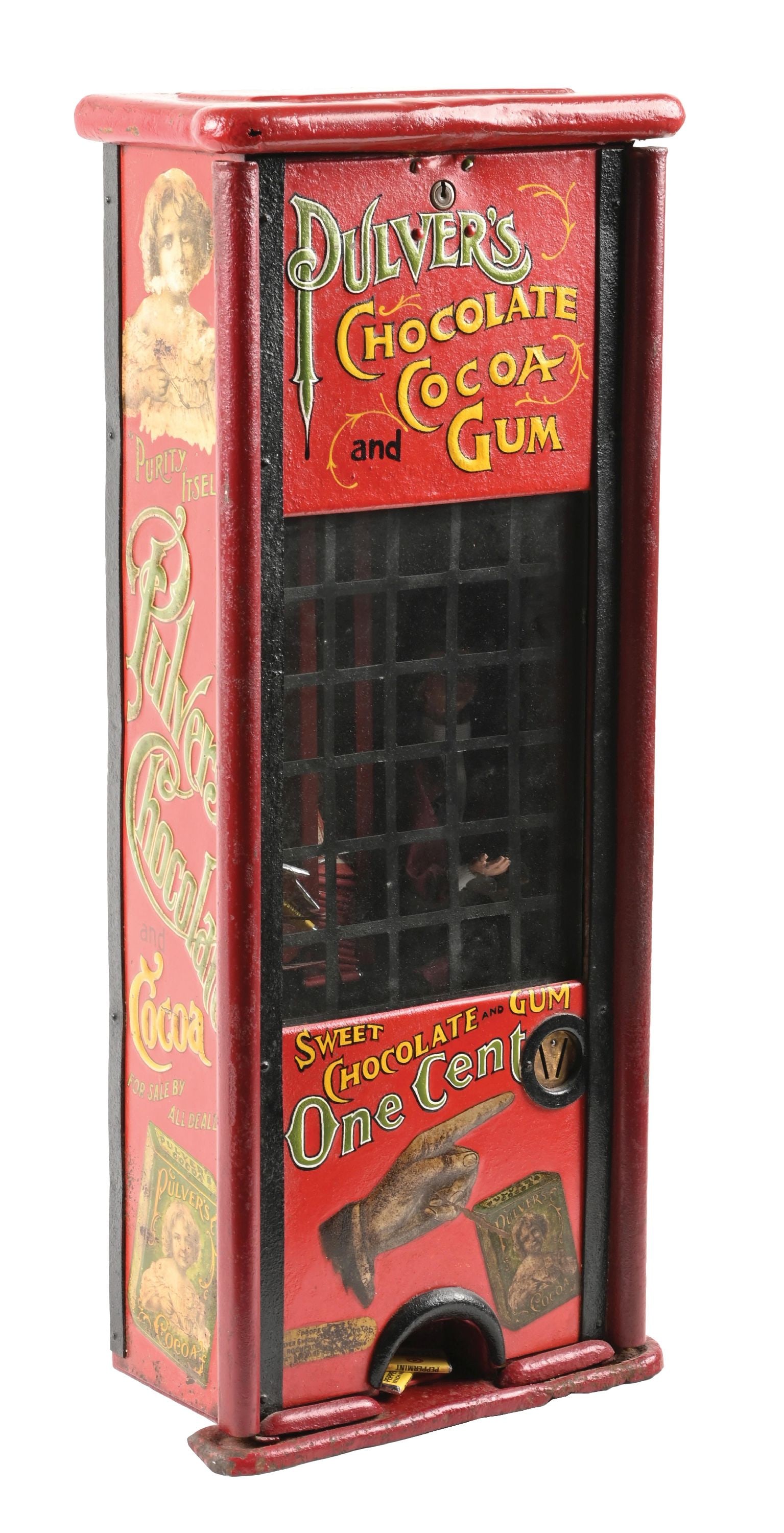 1¢ TIN LITHO PULVER CHOCOLATE & GUM VENDING MACHINE (1 of 6)