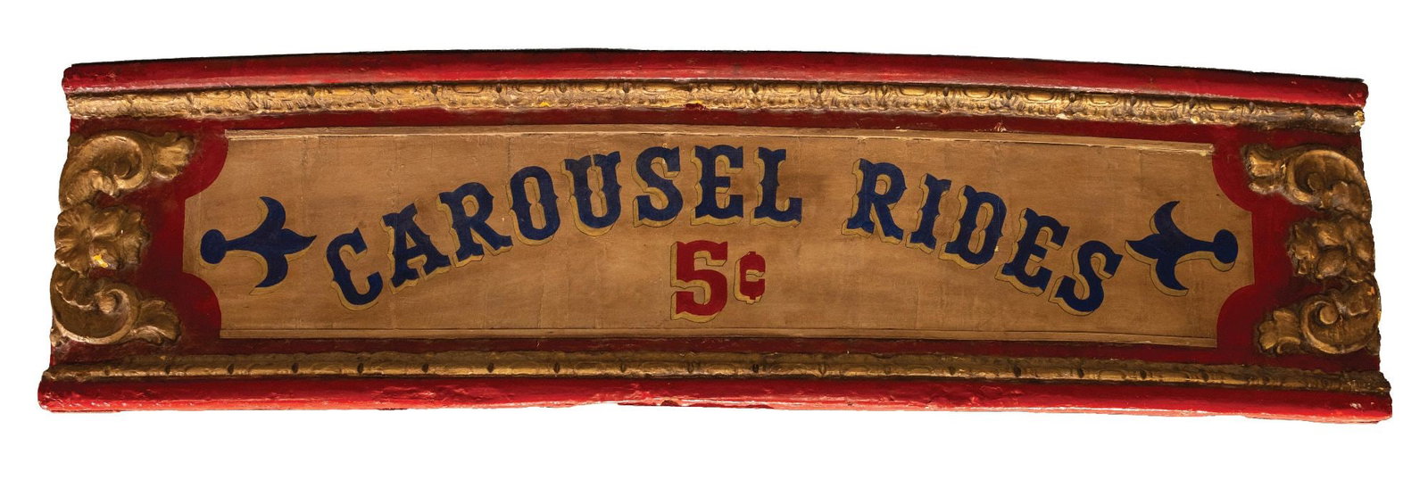 CAROUSEL RIDES 5¢ LARGE HAND PAINTED WOOD SIGN: CONDITION: Companion piece to the Ringling Brothers sign in the same park paint, wood construction, and early 20th century dating. Showing some wear to the original paint with light scuffs and some fa