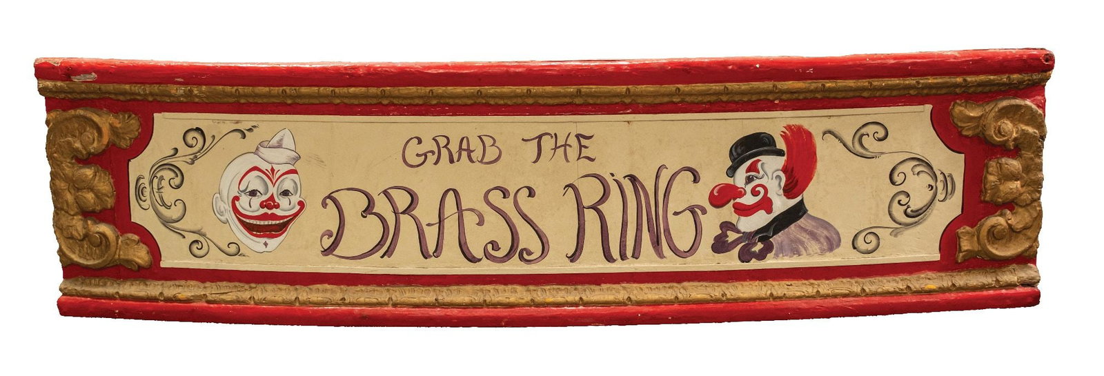 GRAB THE BRASS RING HAND PAINTED WOODEN CARNIVAL/CIRCUS LARGE SIGN: CONDITION: There are several matching piece off the same attraction, in this auction. this example is in original park paint, showing wear from age and some missing wood, but with great color and