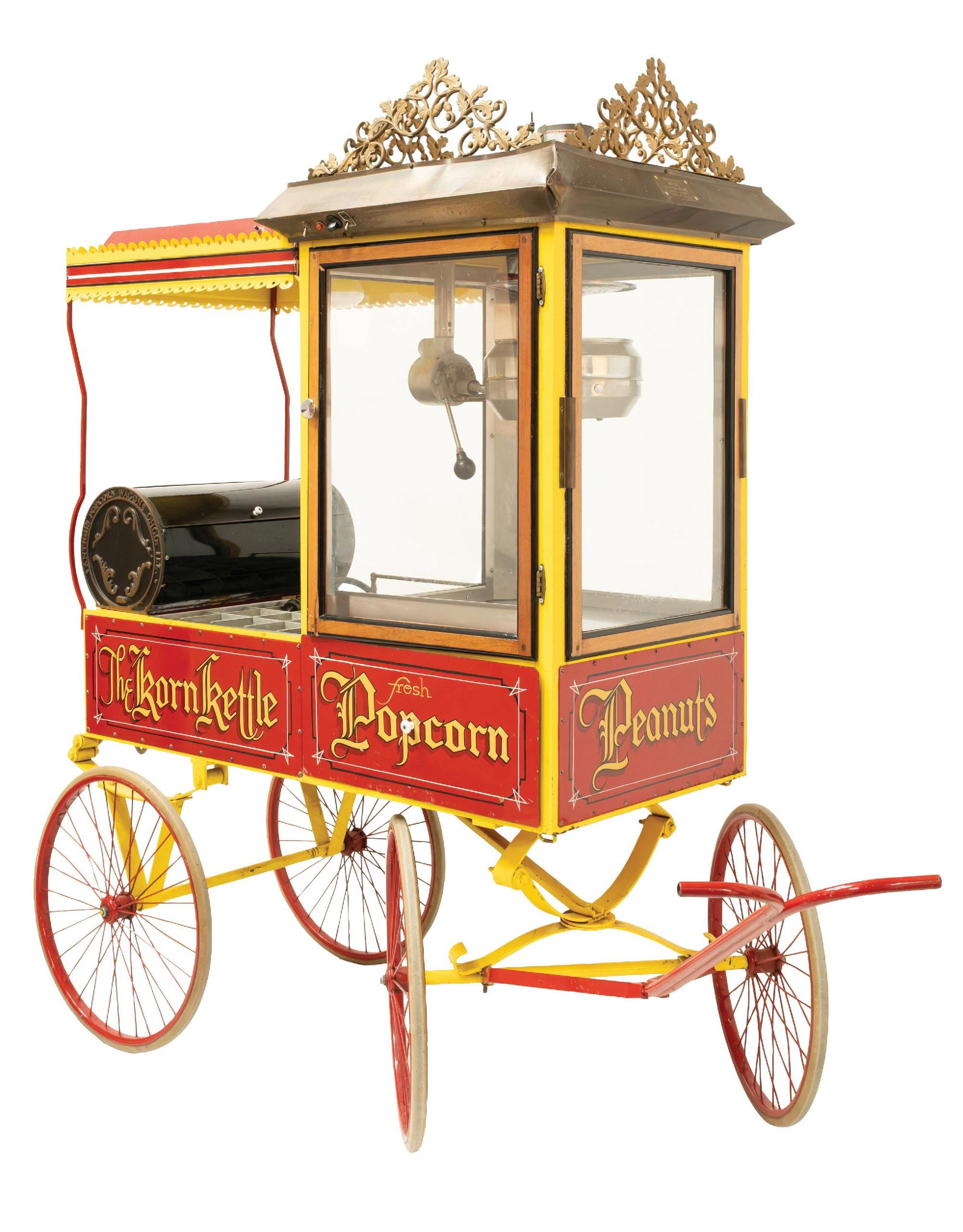 REPLICATED CRETORS POPCORN WAGON BY ANTIQUE POPCORN WAGONS, CHICAGO, IL, SERIAL NO. 104: CONDITION: This is a recreated popcorn wagon, ready to be used, in the form of an antique Cretors wagon, showing good paint, good stenciling, some areas of worn paint and light scuffs and scrapes,