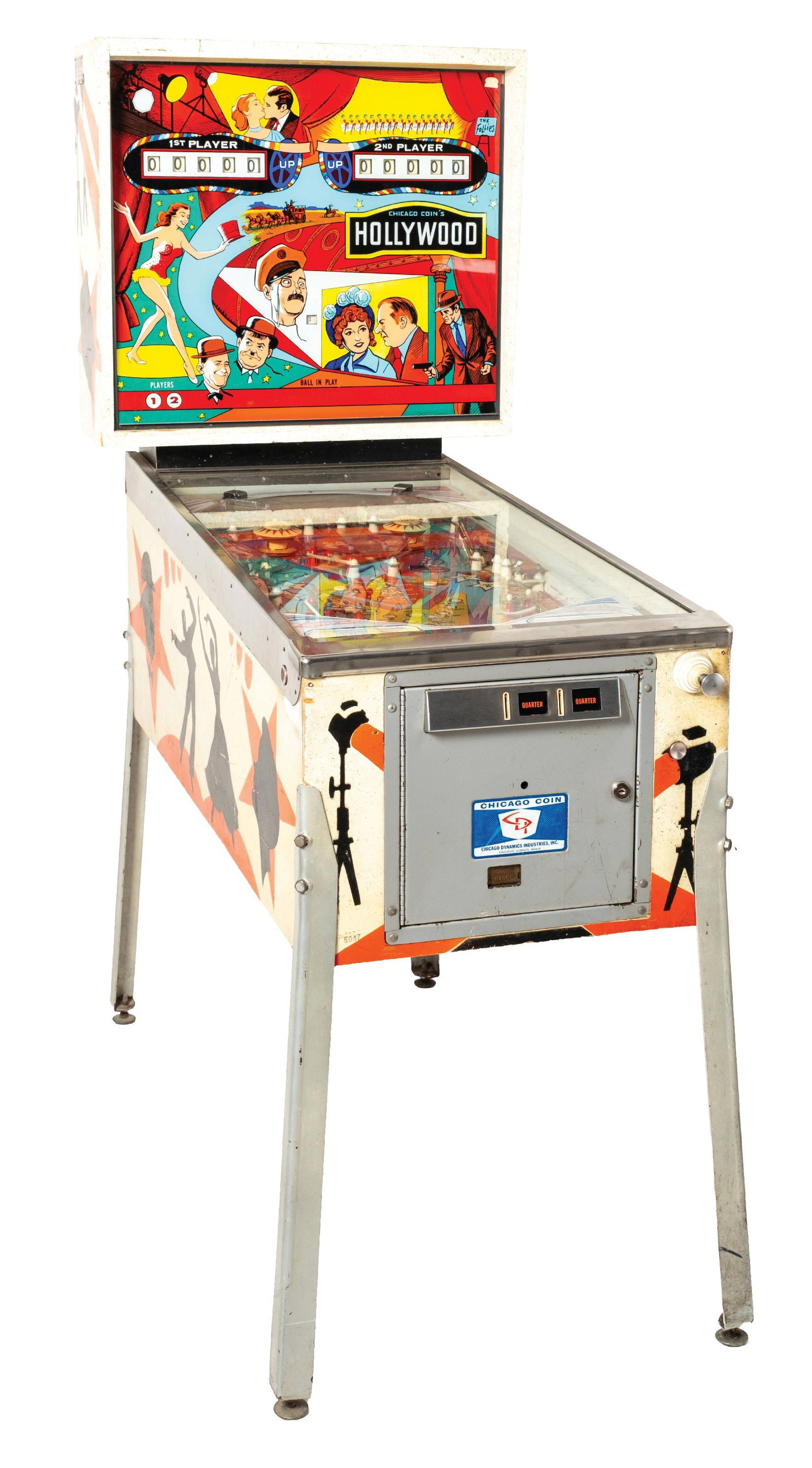 CHICAGO COIN'S "HOLLYWOOD" MODEL 464 PINBALL MACHINE: C. mid to late 1970s. A two-player electromechanical machine, featuring colorful Hollywood and motion picture themed graphic depicting movie stars, cameras, film sets and theater imagery. CONDITION: