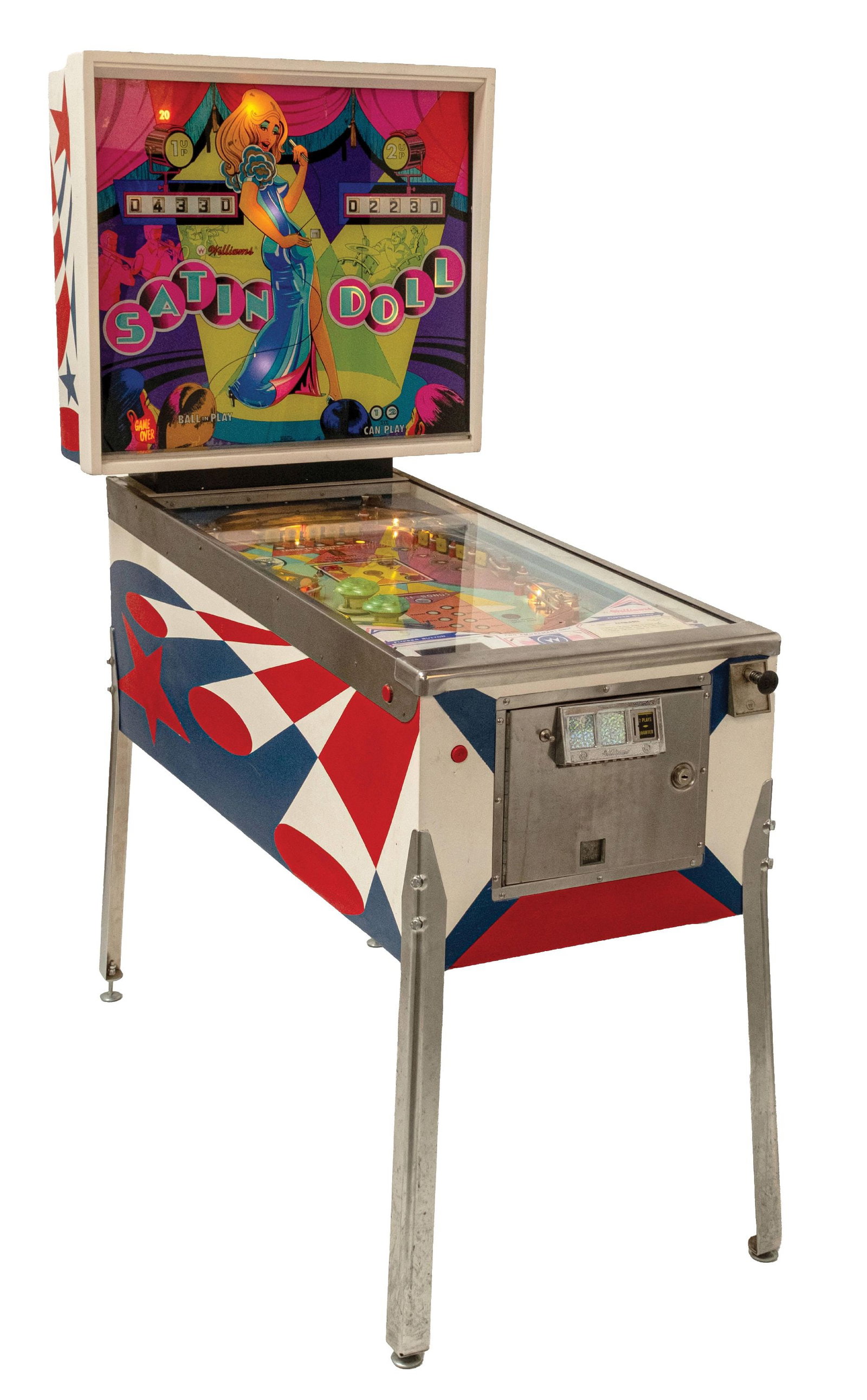 SATIN DOLL PINBALL MACHINE: C. early 1970s. An electromechanical Manufactured by Williams Electronic. CONDITION: This particular example has original back glass depicting a stage performer beneath the title "The Satin Doll" and