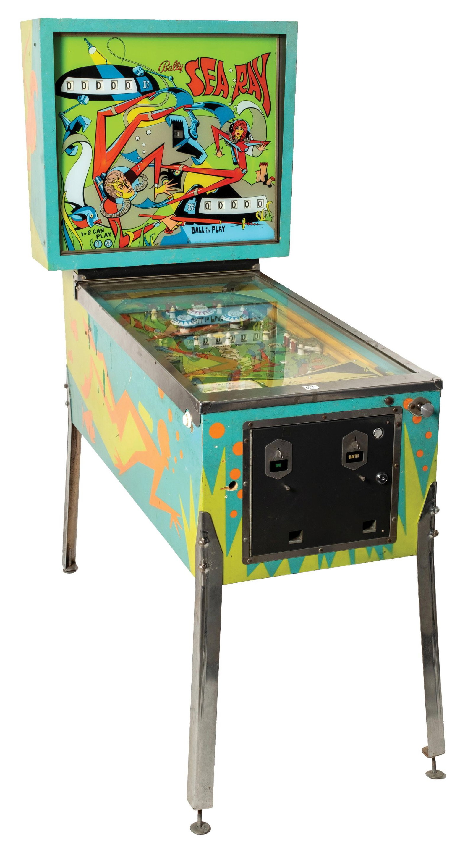 BALLY "SEA RAY" PINBALL MACHINE: C. early 1970s. CONDITION: A colorful underwater theme, featuring vibrant original cabinet artwork, very colorful back glass depicting sea life. Original paint on cabinet. The back glass appears to