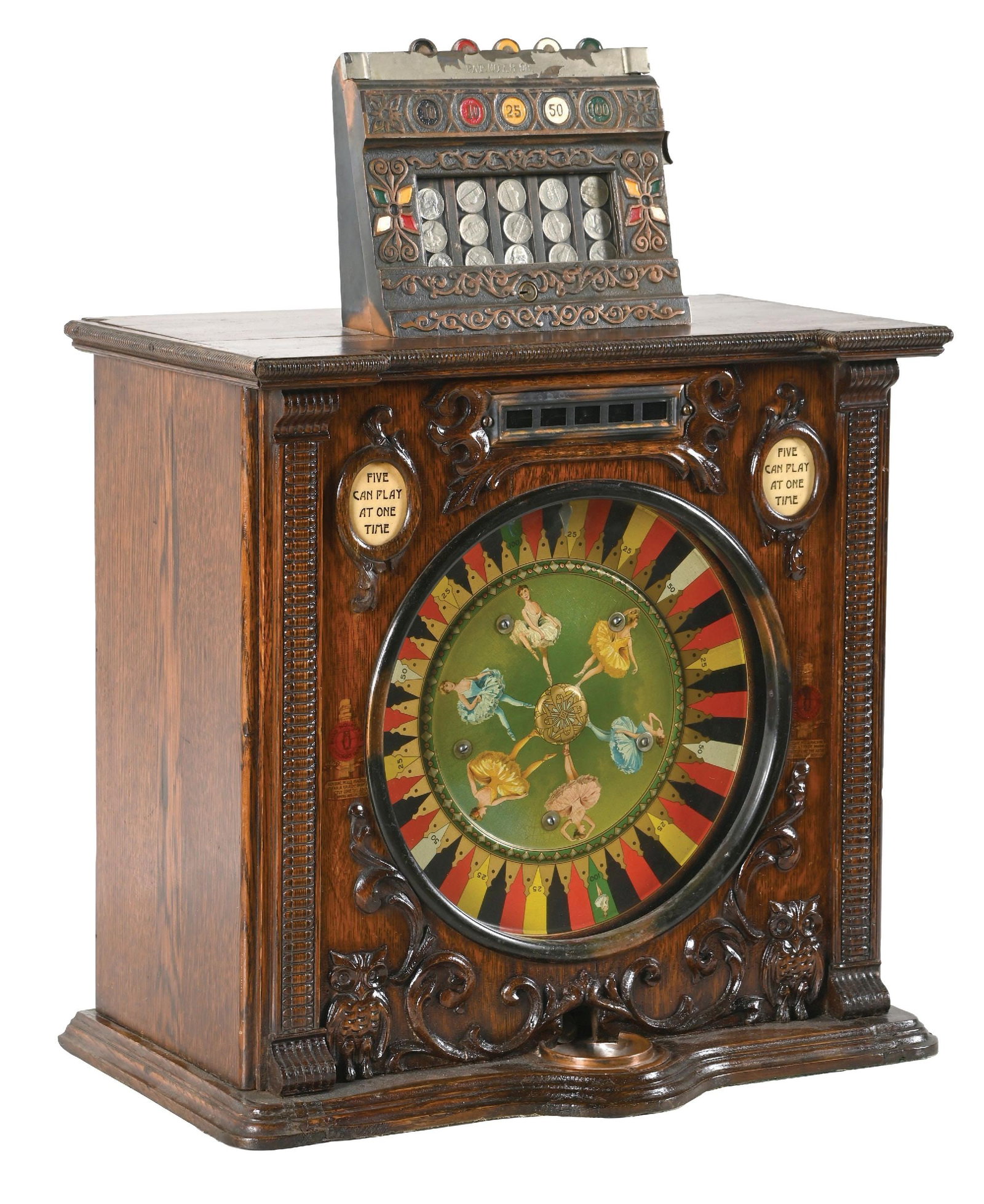 5¢ MILLS NOVELTY CO., BROWNIE COUNTERTOP SINGLE WHEEL SLOT MACHINE: C. 1903, Mills Novelty Company. CONDITION: Showing an older restoration with new finish to the cabinet with conserved original decals. Original wheel with ballerina graphic, original coin head and in 