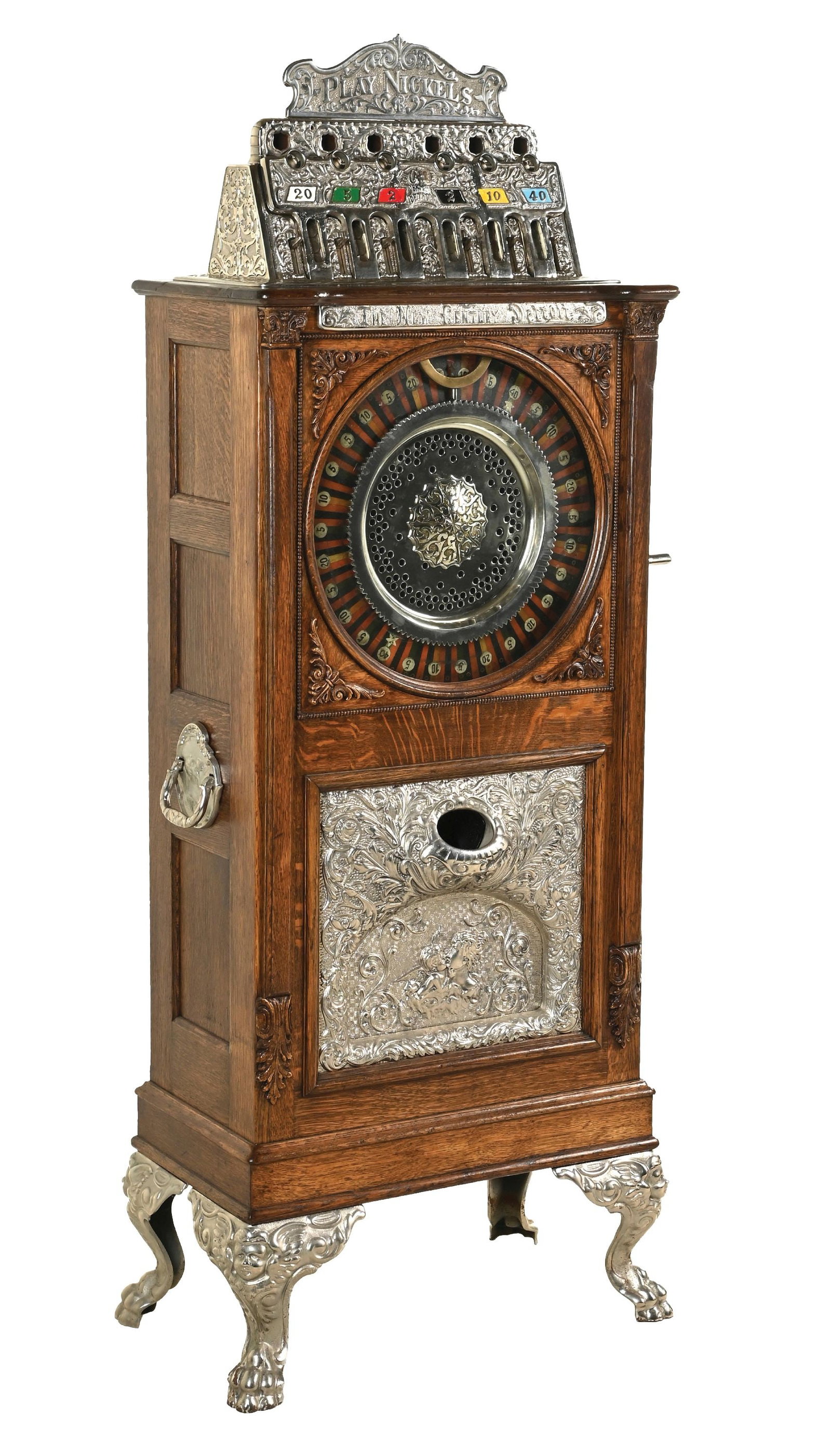 5¢ THE NEW CENTURY DETROIT UPRIGHT SLOT MACHINE: C. 1895 Caille Bros. Detroit. CONDITION: Showing an earlier complete restoration to the castings with new plating and refinished cabinet with a dark stain over-wash. The restoration may or may not con