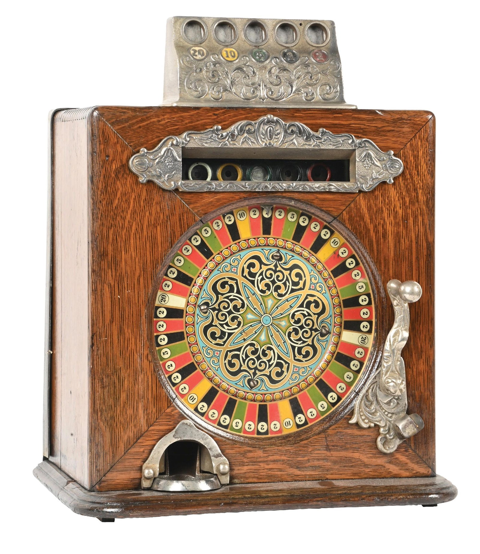 5¢ CAILLE BROS. CO. BEN-HUR COUNTERTOP SLOT MACHINE: C. 1905. Caille brothers Manufacturing. Detroit Michigan. This classic counter top one wheeler was manufactured by Caille for almost two decades. A good solid working example with original castings in