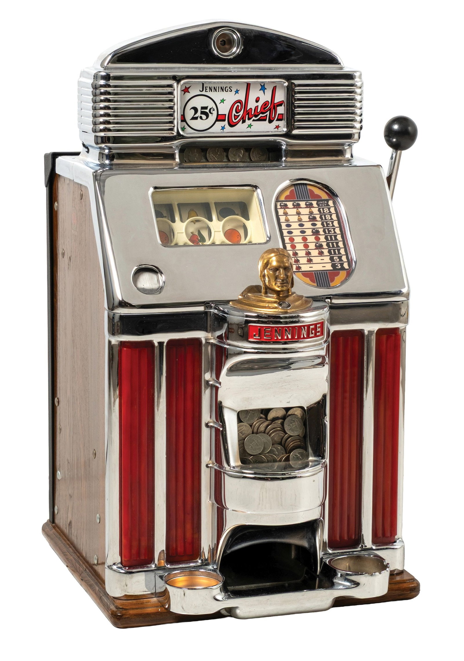 25¢ JENNINGS SUN CHIEF LIGHT-UP SLOT MACHINE: This Jennings light-up slot machine is in very good condition, with red plastics and a "Chief" emblem over the jackpot. CONDITION: Shows a recent restoration with new plating and new finish to the woo