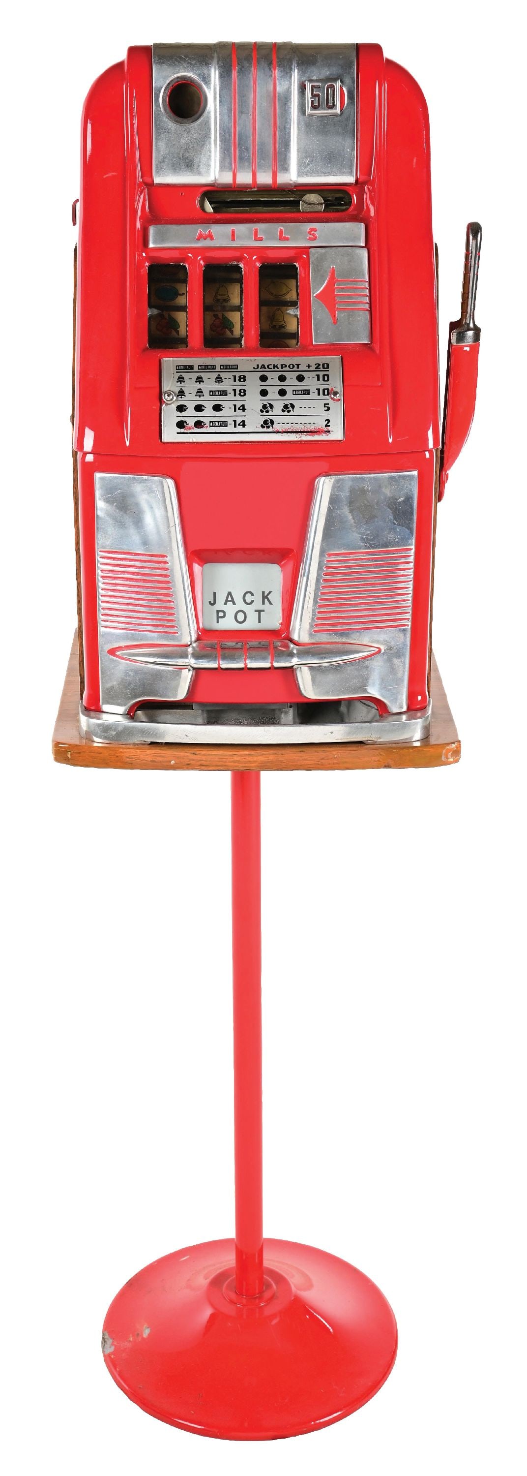 50¢ MILLS NOVELTY CO. FLOOR MODEL SLOT MACHINE ON STAND: CONDITION: Showing an older repaint of the cabinet with new reel strips and award card. Back door is original and there is no cash box. Currently the mechanism is stuck and will not play or pay. Has t