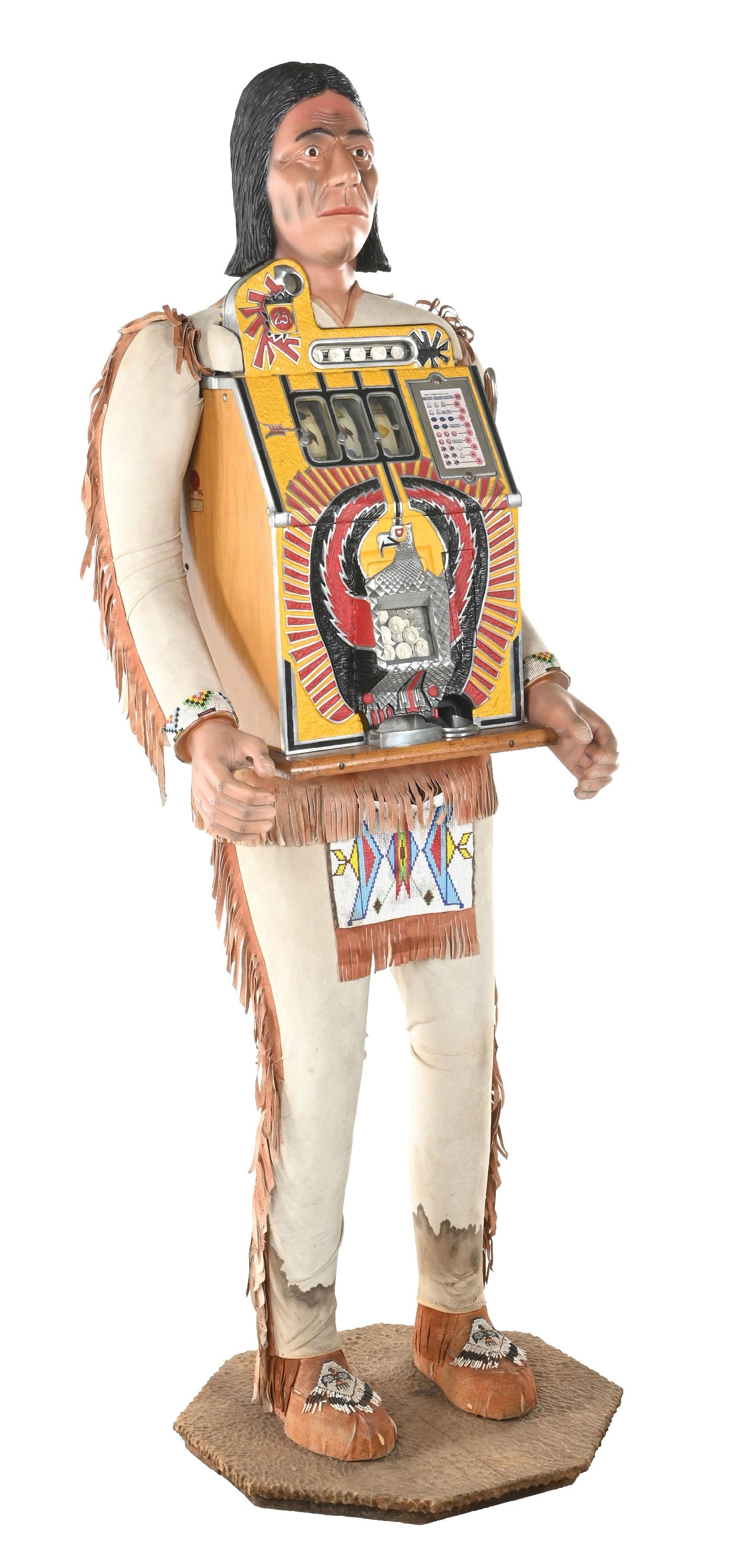 MILLS NOVELTY CO. NATIVE AMERICAN 25¢ THUNDERBIRD SLOT MACHINE: CONDITION: Showing an older restoration of the War Eagle with original reel strips and award card. Back door is original and there cash box is new. Plays and pays correctly, the jackpot pot is present
