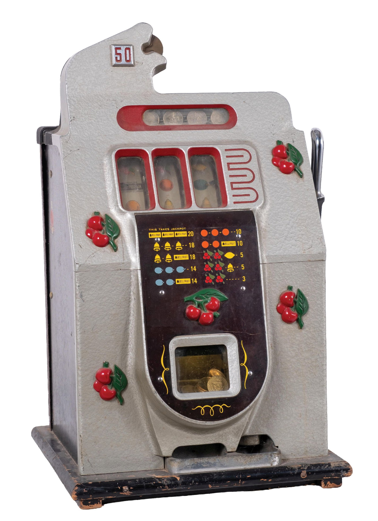 50¢ MILLS "BLACK CHERRY" SLOT MACHINE: CONDITION: A unrestored Black Cherry with new reel strips, original award card, back door and cash box. Jackpot is present and the machine does not cycle due to hardened grease. NOTE: This slot machin