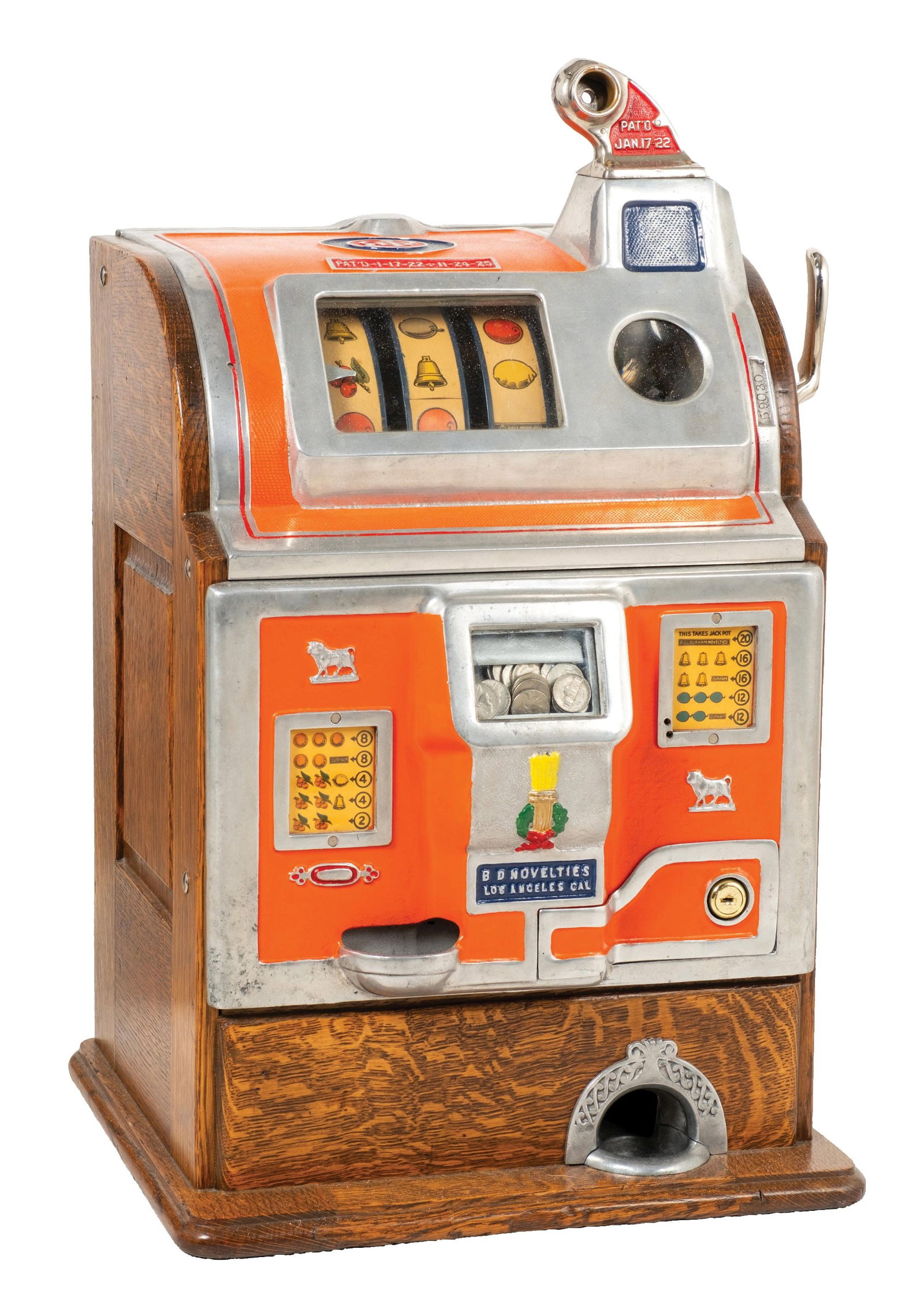 5¢ JENNINGS BULL DURHAM CONVERSION SLOT MACHINE: An exceptionally attractive and highly collectible Jennings 5¢ Bull Durham slot machine. Housed in a handsome oak cabinet that remains in excellent overall condition, showing a quality older rest