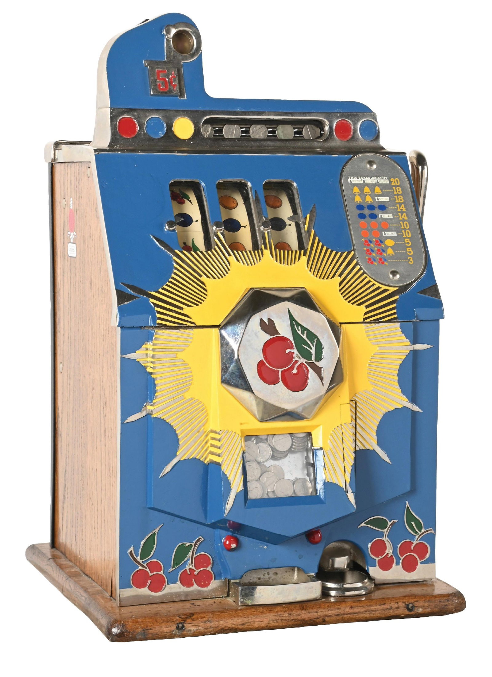5¢ MILLS NOVELTY CO. BURSTING CHERRY SLOT MACHINE: CONDITION: Showing an older restoration with new reel strips, paint and plating. Original award card, back door and lock. With cash box. Plays and pays correctly including the jackpot. This is not a s