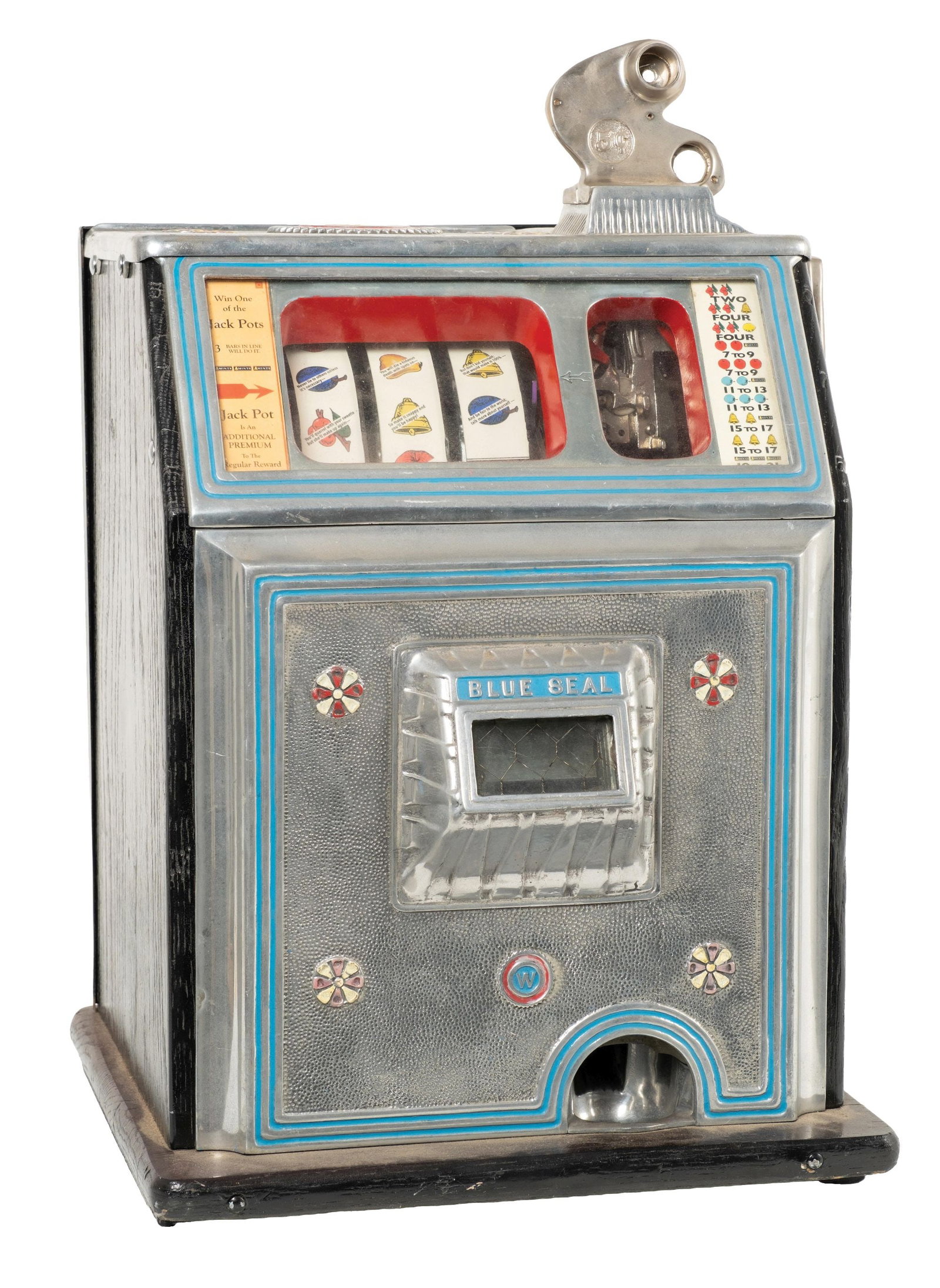 5¢ WATLING BLUE SEAL JACKPOT BELL SLOT MACHINE: C. late 1930s to early 1940s Watling Blue Seal in original condition. The Art Deco cabinet is finished in silver grey with contrasting blue pinstripe and decorative black-painted sides, making this ma