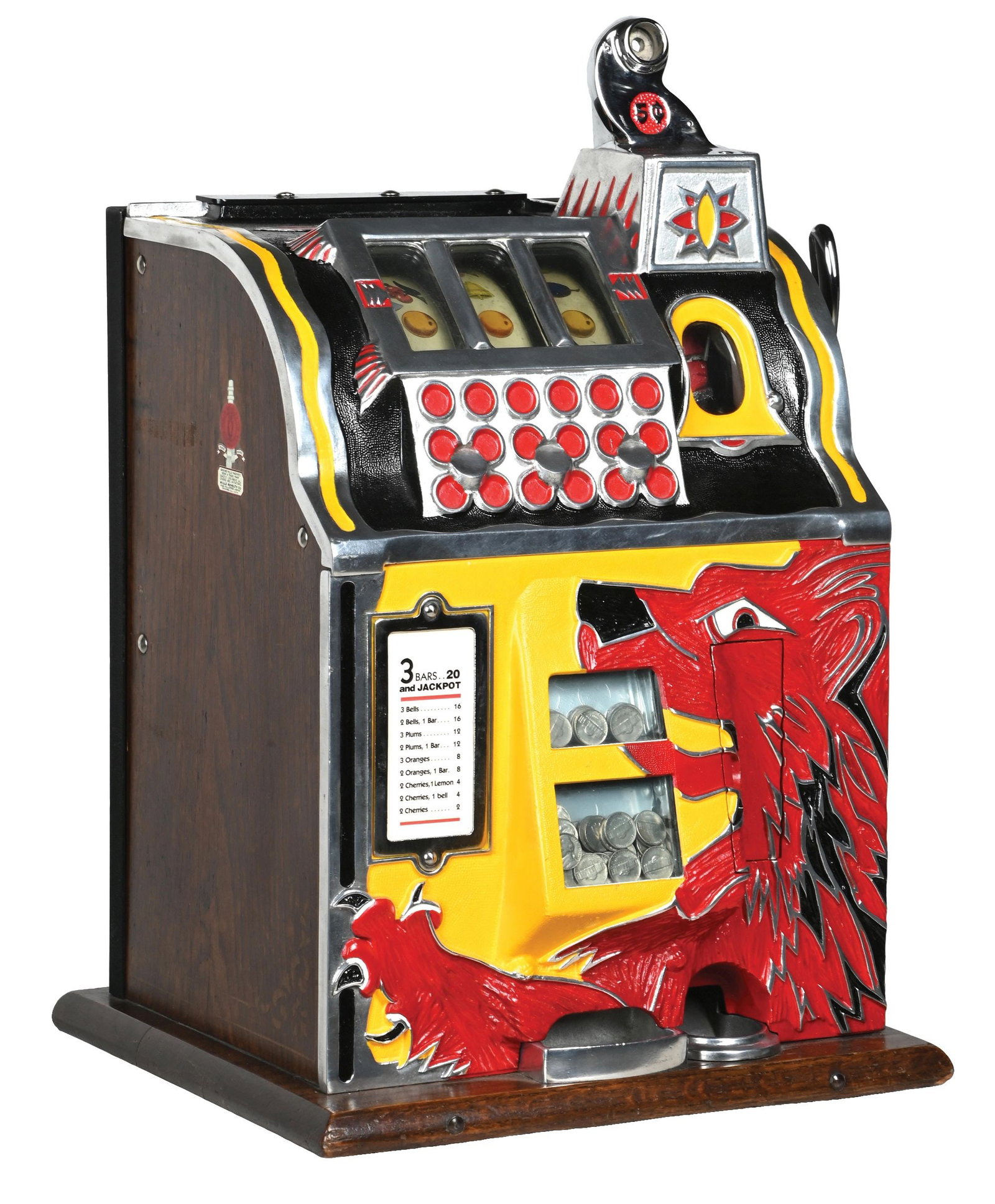 5¢ MILLS NOVELTY CO. LION’S HEAD SILENT SLOT MACHINE.: CONDITION: Showing an older restoration with new reel strips, new award card, Original back door with new paint and plating. Plays and pays correctly with an untested jackpot. Condition: (Restored). D