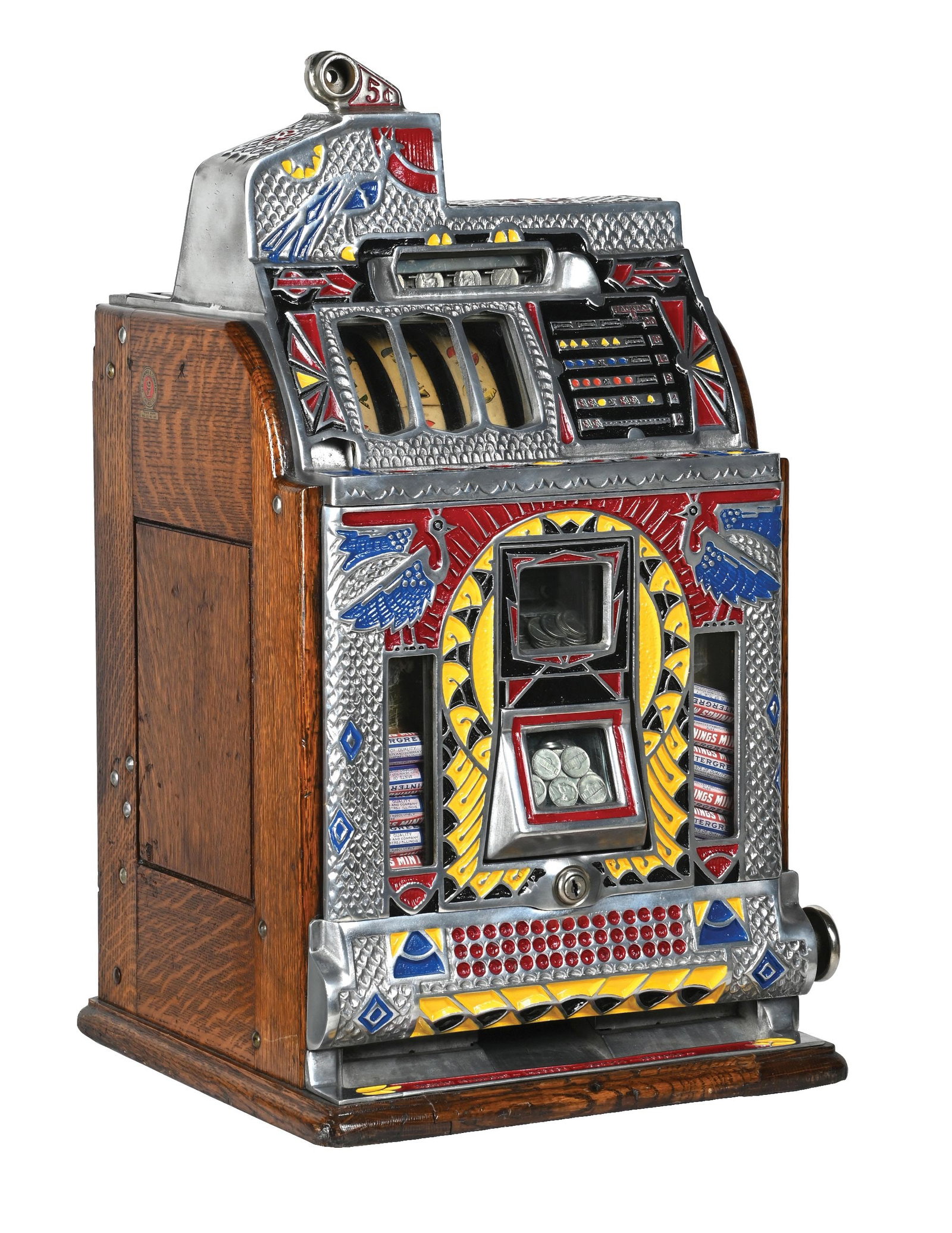 5¢ O. D. JENNINGS VICTORIA SILENT PEACOCK SLOT MACHINE: CONDITION: Showing the older restoration with new reel strips and award card. Correct back door with new paint and plating. Plays and pays correctly with an untested jackpot. With keys. Condition: (Re