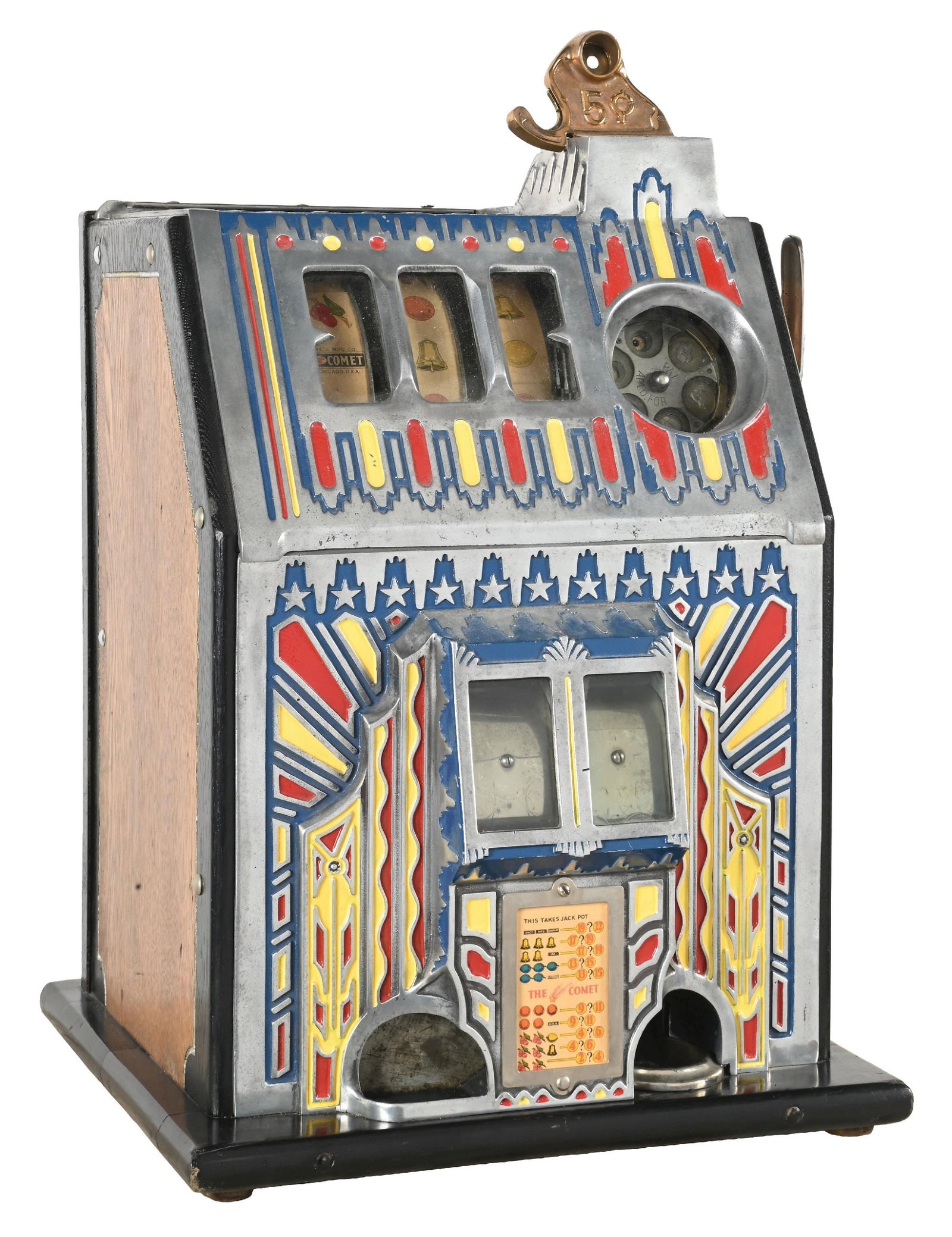 5¢ PACE MFG. CO. FANCY FRONT COMET SLOT MACHINE: CONDITION: Showing an older restoration to the cabinet and casting. With original reel strips, award card, back door and cash box. Plays and pays correctly, including the jackpot. This is not a standa