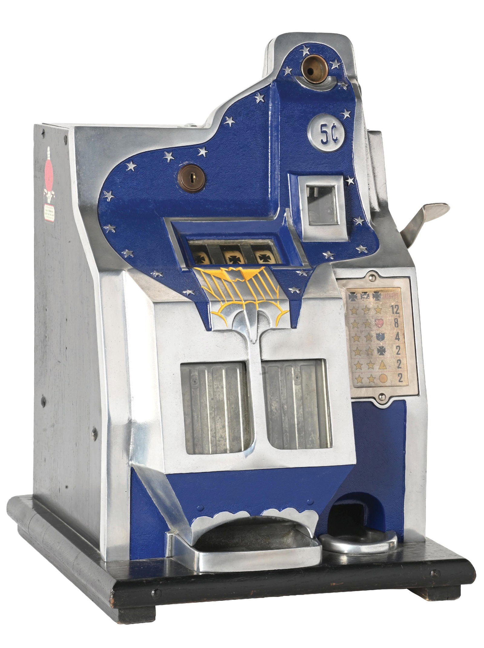 5¢ MILLS NOVELTY CO. FIREBIRD (21 STAR) SLOT MACHINE: CONDITION: A much older restoration to the cabinet with original reel strips, award card, back door and no cash box. Plays and pays correctly including the jackpot. Condition: (Good). Dimensions: 18-1