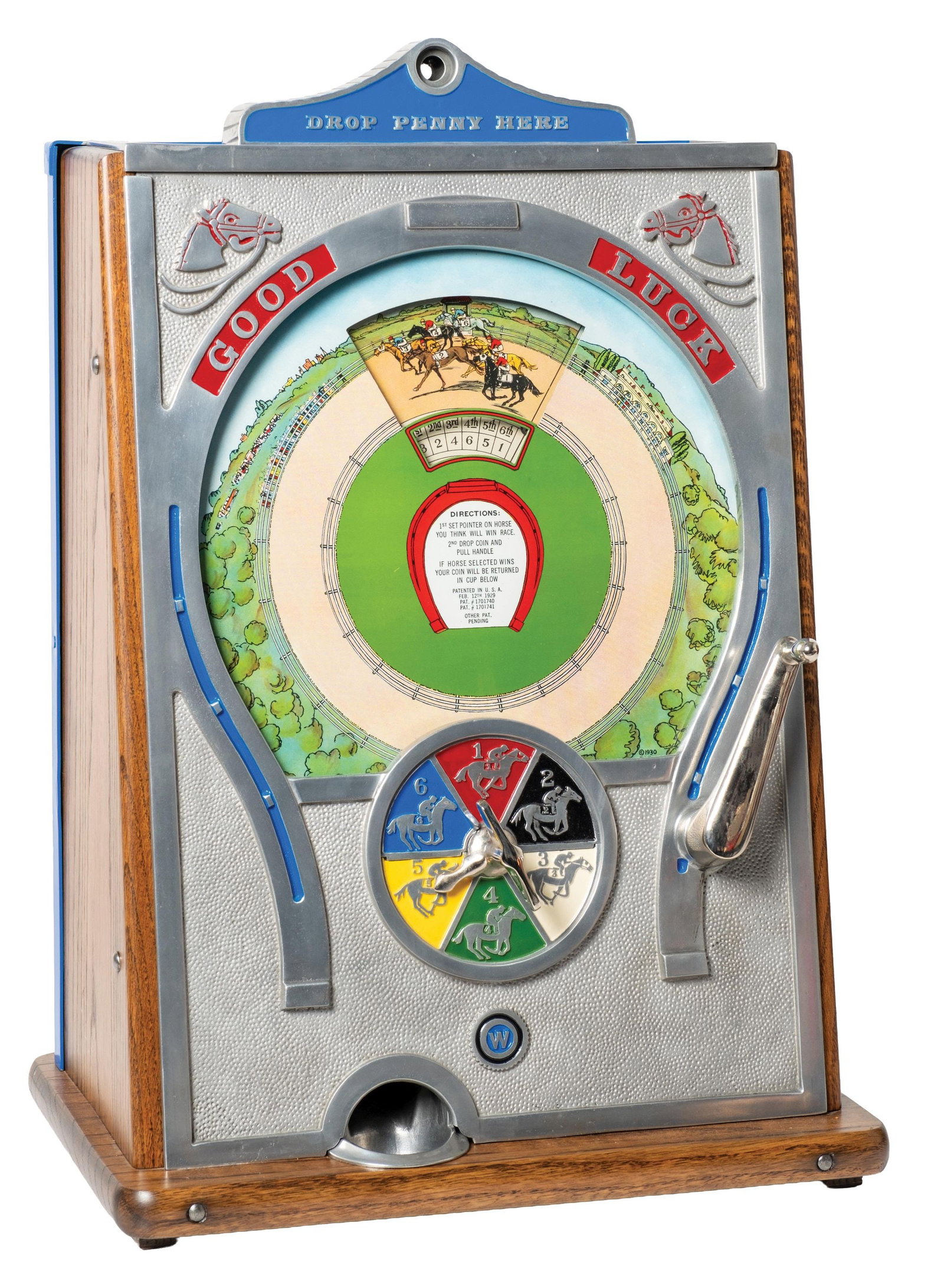 WATLING "GOOD LUCK" 1¢ TRADE STIMULATOR: CONDITION: Showing a complete restoration with refinished wood case, new inset paint to the front casting, original back door, and beautiful, bright front graphics. Playing perfectly, plays and pays. 