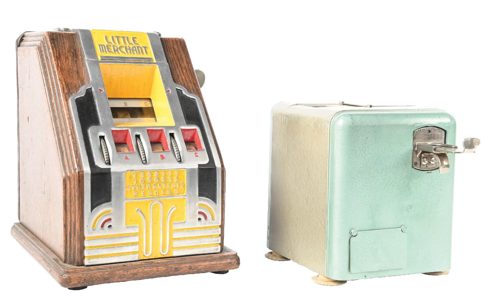 PAIR OF COIN-OPERATED GAMBLING DEVICES: CONDITION: (A) O. D. Jennings "Little Merchant" cigarette trade stimulator, showing an original oak case with original front castings, original reel strips, and operational skill stops. Showing origin