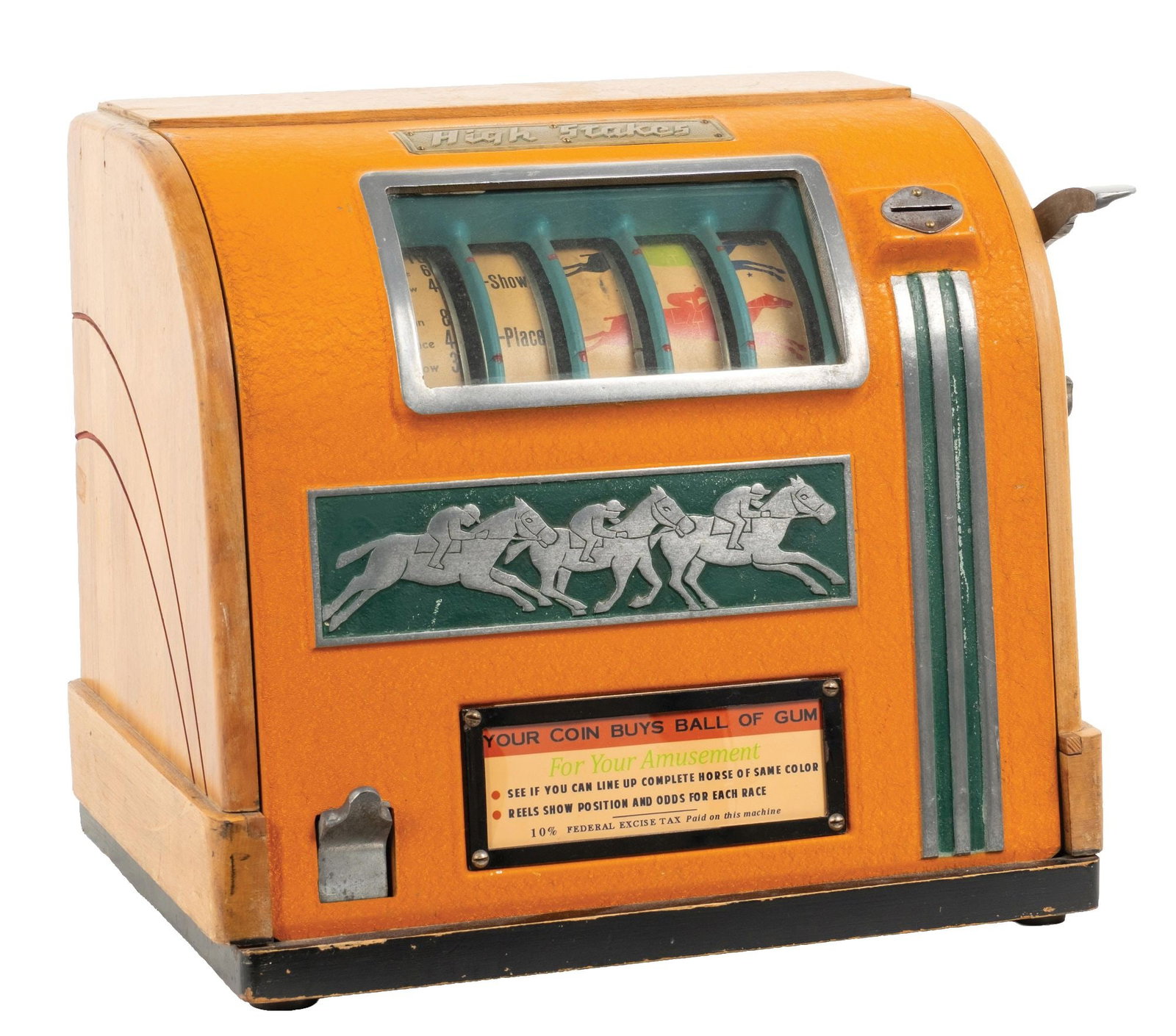 HIGH STAKES HORSE RACE-THEMED TRADE STIMULATOR: CONDITION: Showing an all original trade stimulator with original patina to the wood case and front casting. Has original paint, original reel strips, original award card, original working gumball mec