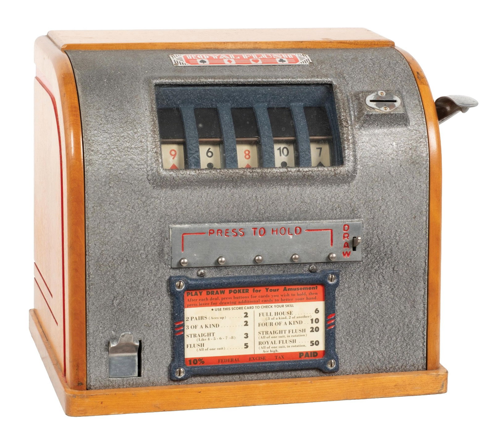 GROETCHEN "ROYAL FLUSH" POKER TRADE STIMULATOR: CONDITION: Showing a restoration to the wood cabinet with new finish, new paint to the front casting, with working skill stops. Has replaced reel strips and award card, and fully operational gumball m