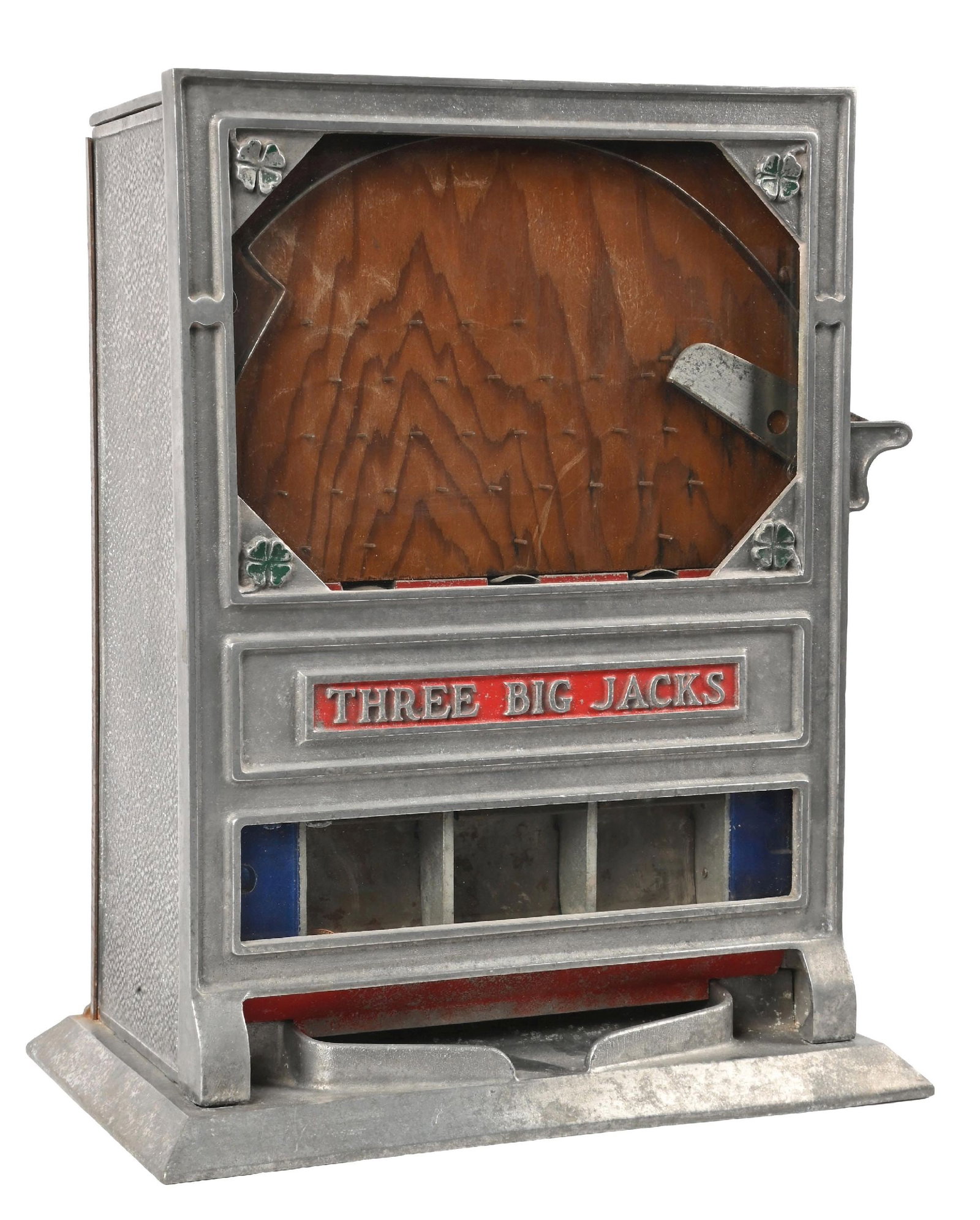 1¢ THREE BIG JACKS COUNTER POCKET TRADE STIMULATOR: C. 1930. CONDITION: Original Big three Jacks by A.B.T. Original patina to the cast aluminum front and finish to the oak case. This version has an aluminum base, Others we have seen had a wooden base.