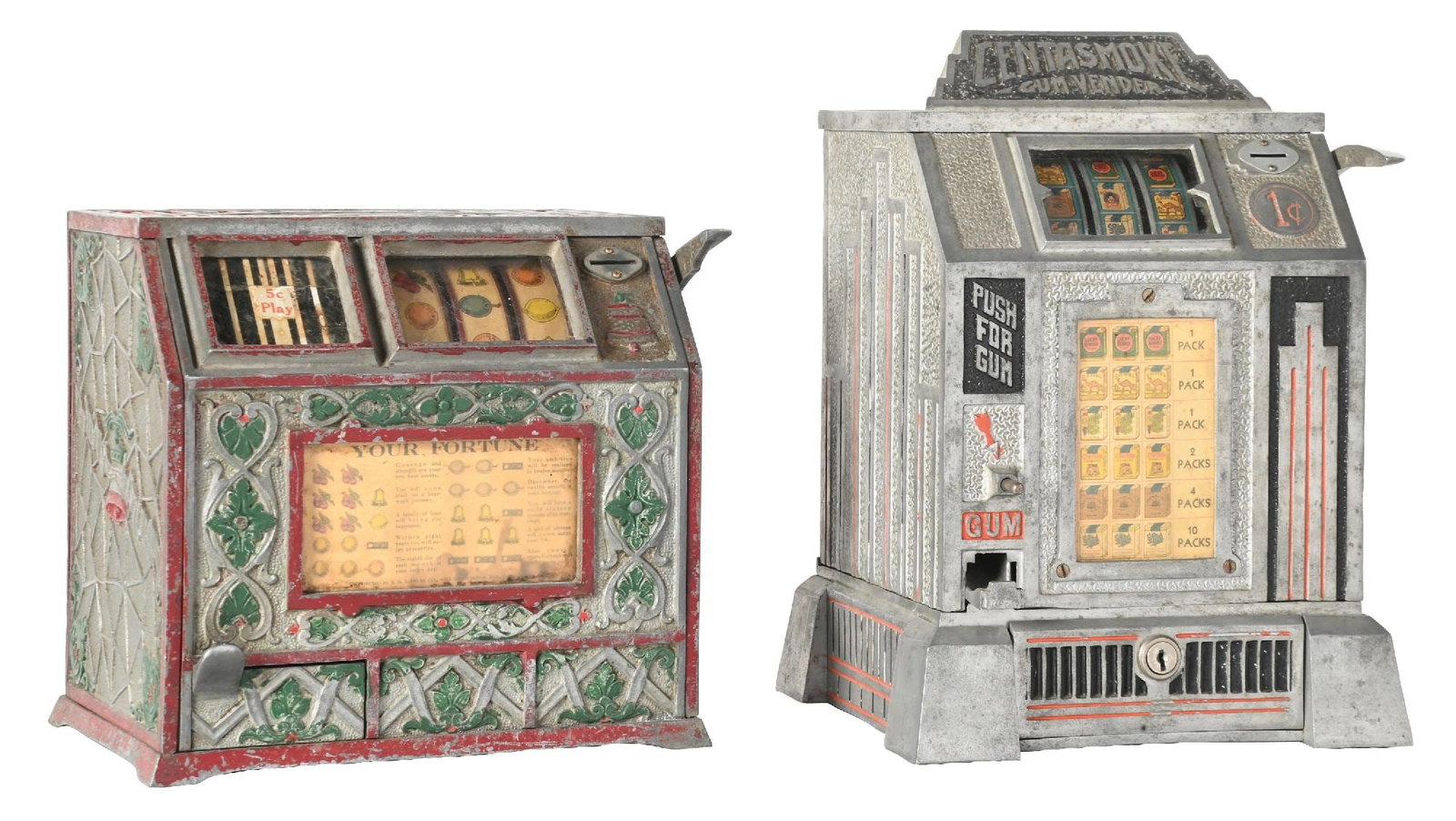 A PAIR OF TRADE STIMULATORS: 1¢ PURITAN AND 1¢ CENTA-SMOKE WITH GUM VENDING: CONDITION: (A) Chicago Mint Company 1¢ Puritan confection vendor showing an older repainting of the three-dimensional relief on the aluminum case, showing original reel strips, original award