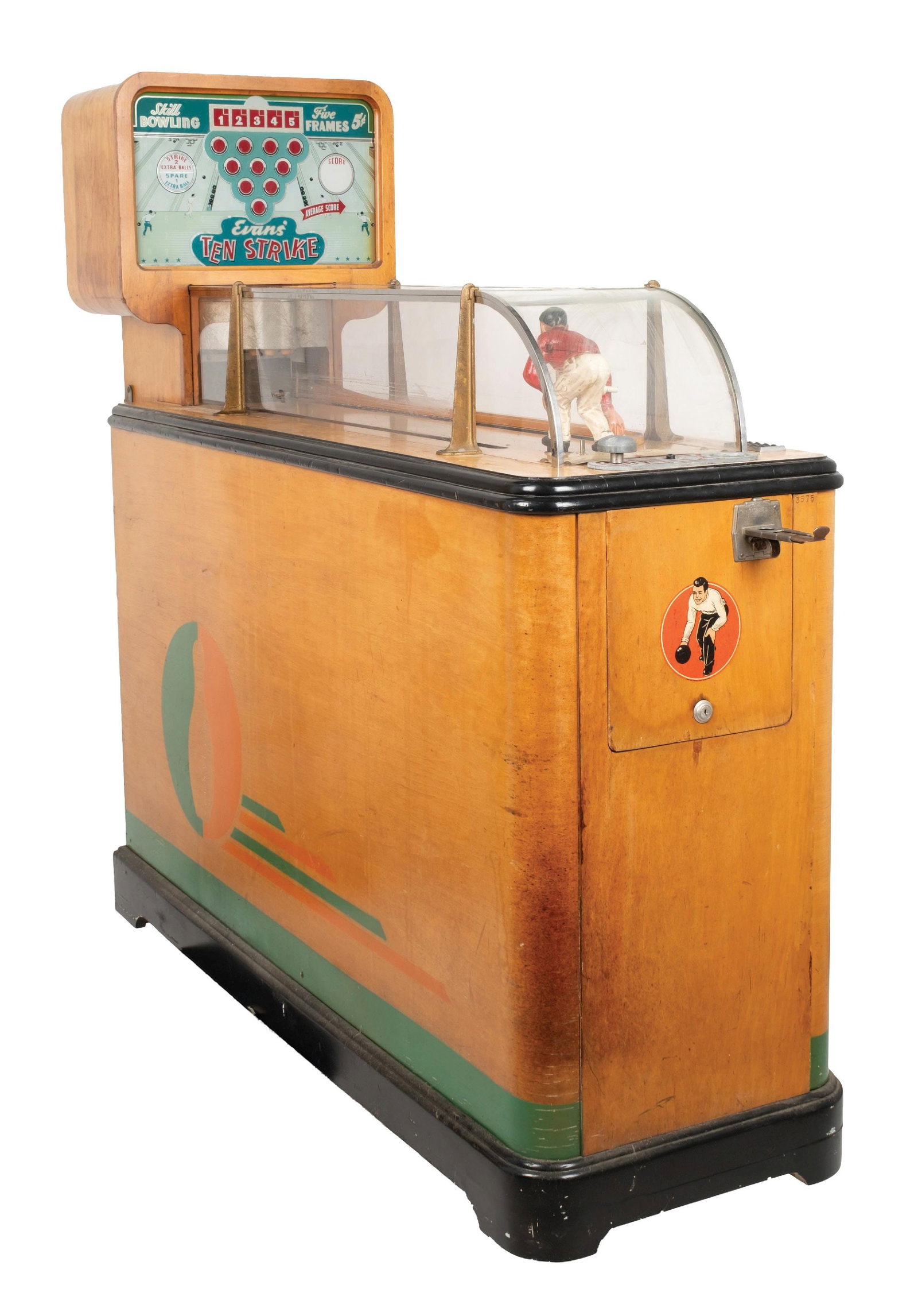 5¢ EVANS 10 STRIKE BOWLING ARCADE GAME: This game was made in different variations, which then produced three generations by H.C. Evans between 1939 and 1953 before it went out of business, and the idea was bought out by Williams in 1957.