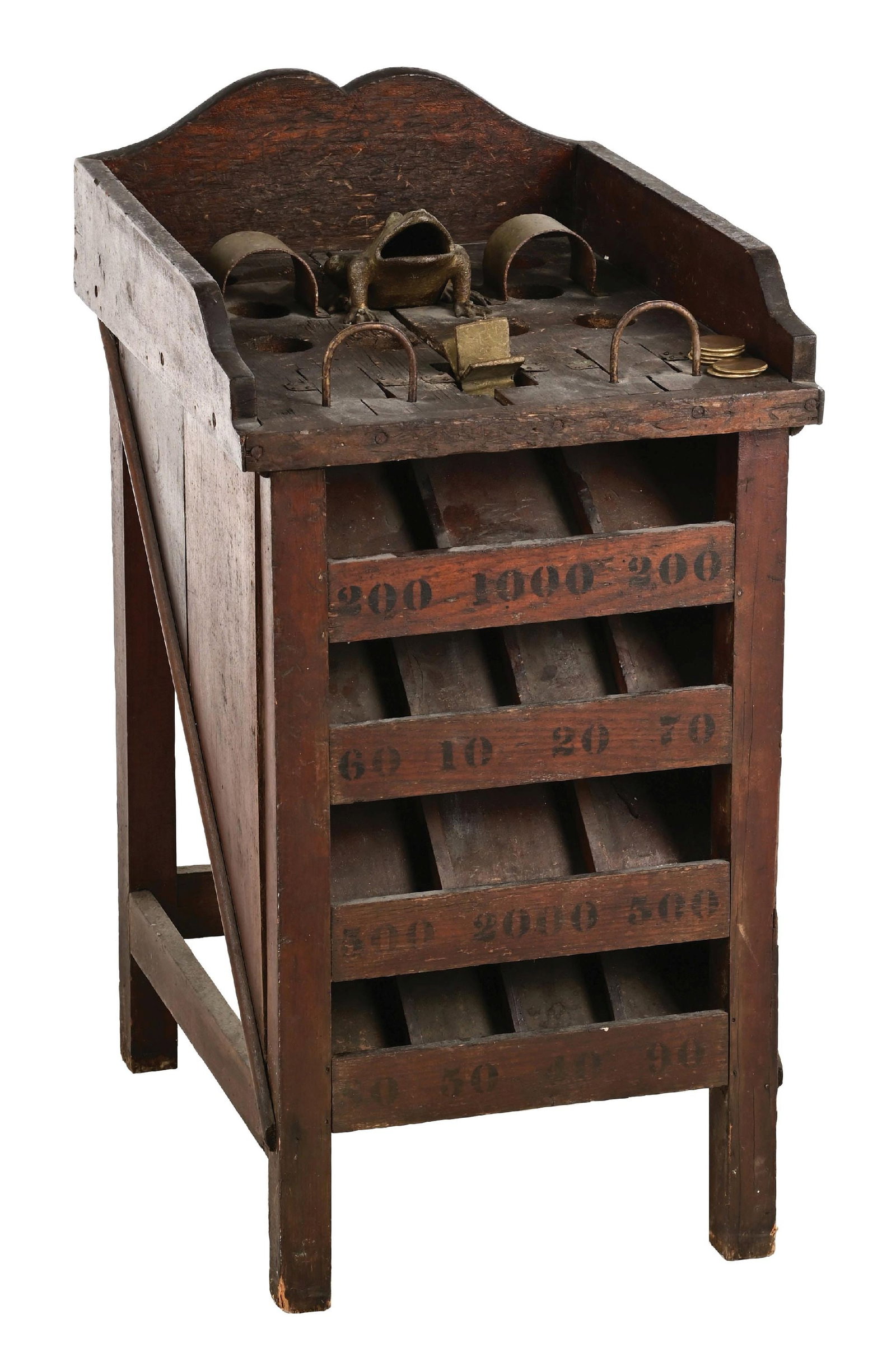 FROG TOSS CAST IRON & WOOD SALOON GAMBLING GAME: During the period following the Civil War and on up into the early 20th century, saloons thrived with every type of gambling game imaginable. This coin toss game, AKA "Frog Toss", was a simple yet pro