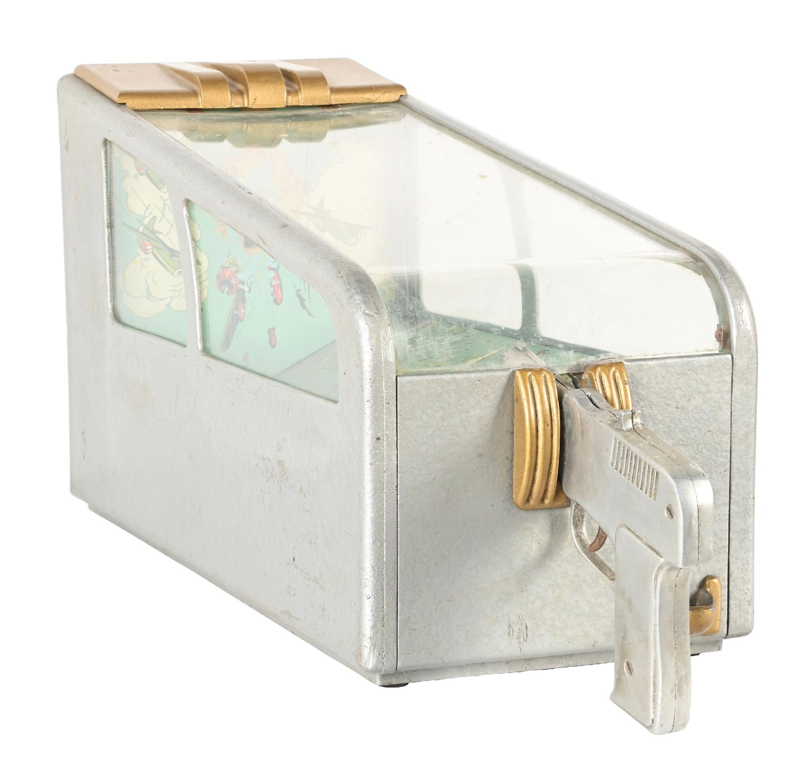1¢ DAVAL PRODUCTS SKILL THRILL TARGET GAME MACHINE: This target game made by the Daval Products Company out of Chicago, shows an aircraft motif. Your gun is used to shoot into a slot in the back. When the penny goes through the slot, it is returned, th