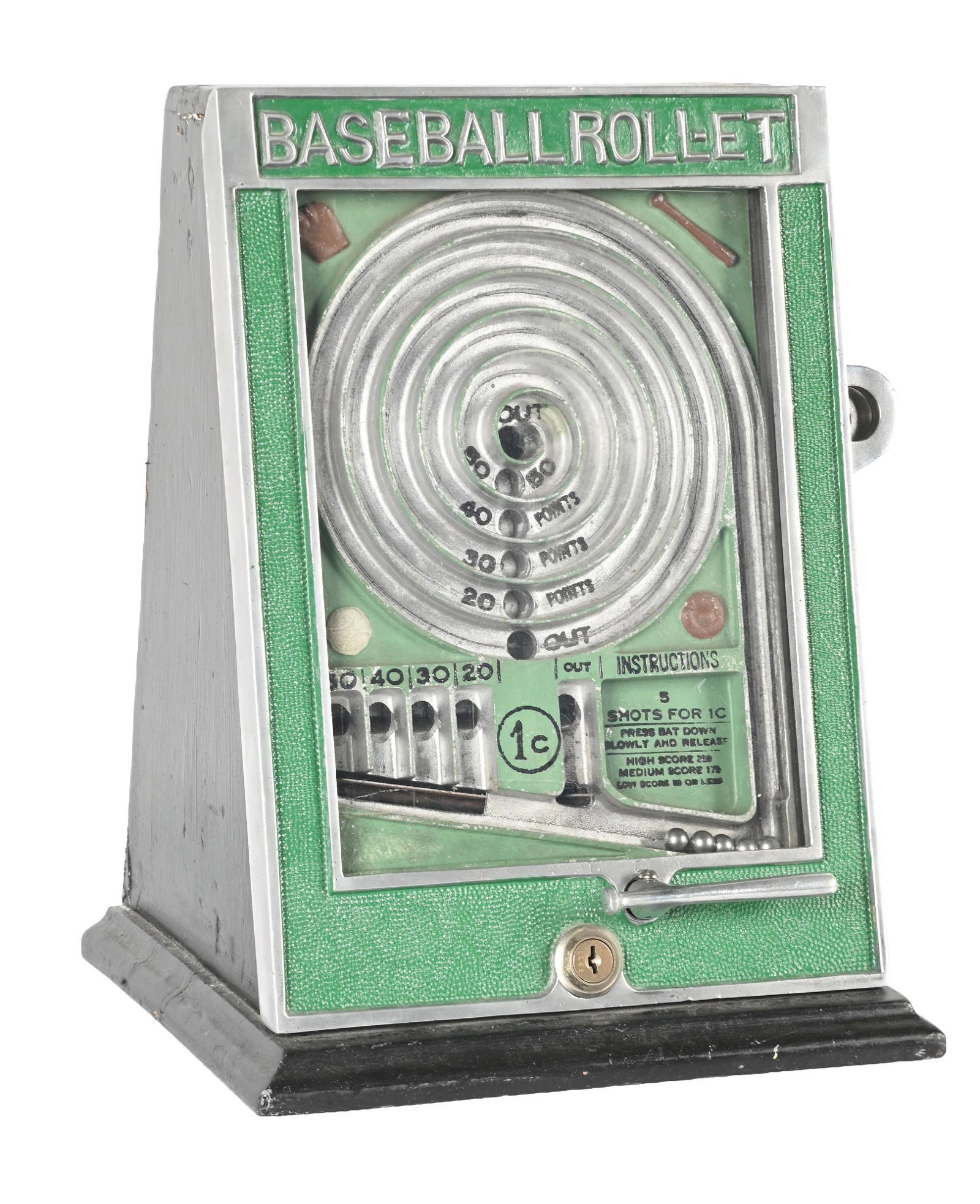 1¢ D. GOTTLIEB CO. BASEBALL ROLL-ET COUNTER ARCADE MACHINE: C: 1930. CONDITION: Showing original green paint to the castings, original bright playfield with graphics, Original case with some paint oxidation and scuffs. Operational with the correct steel balls.