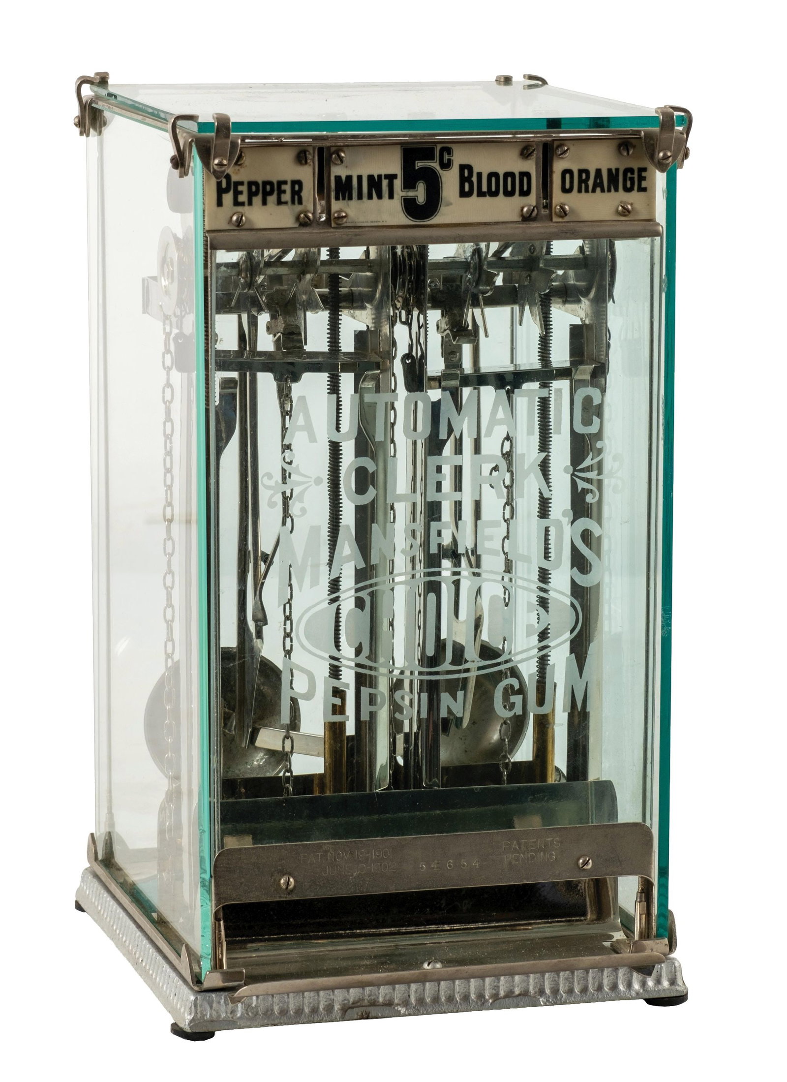 5¢ MANSFIELD AUTOMATIC CLERK PEPSIN GUM VENDING MACHINE: CONDITION: Showing a cast iron base with original celluloid label, front etched glass, and new plating. Working perfectly. Condition: (Excellent). Dimensions: 7" X 8" X 12"