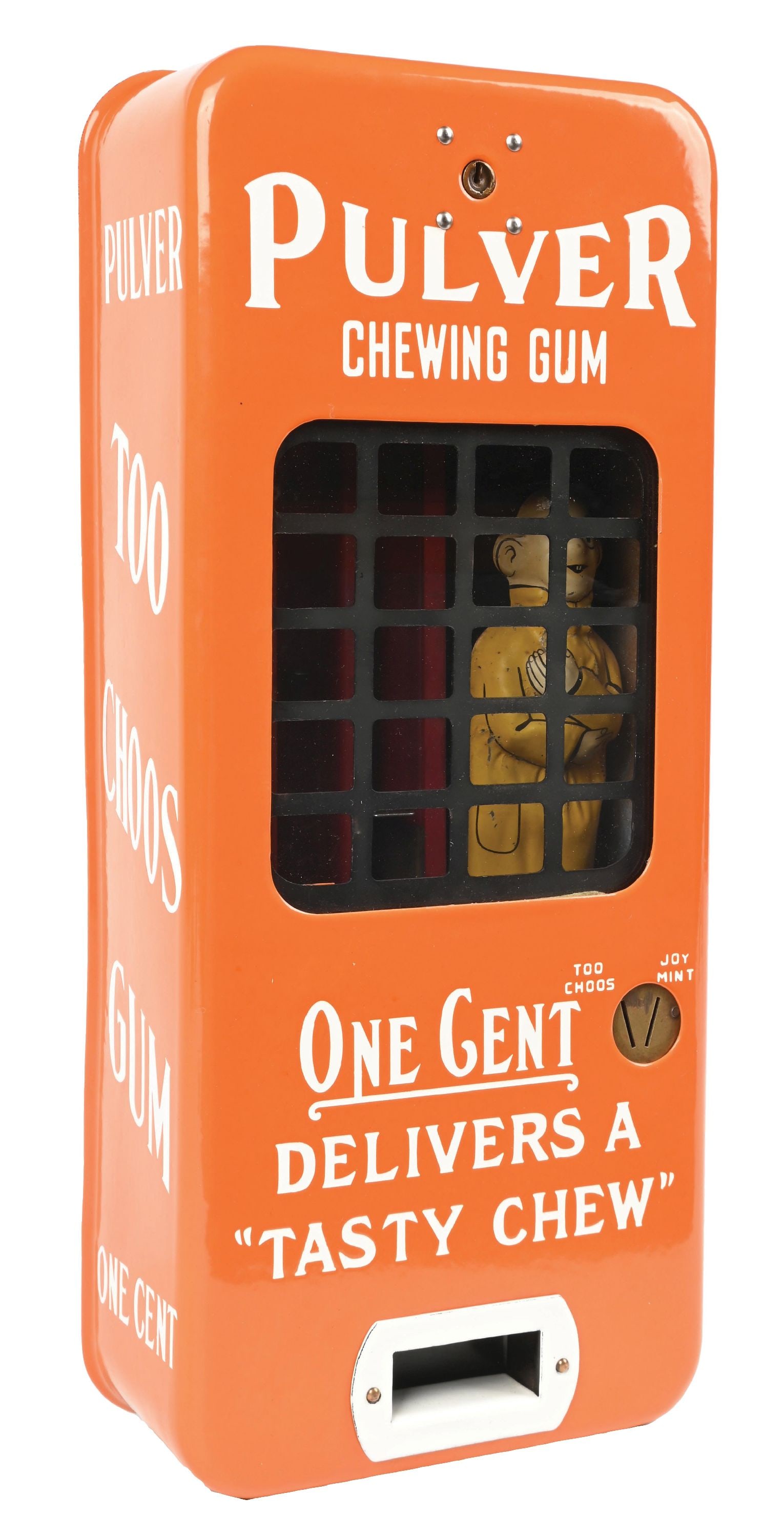 1¢ PULVER CHEWING GUM VENDING MACHINE WITH YELLOW KID: C. 1930. CONDITION: It has the original mechanism, and figures and original paint to the mech. There is some fading to the paint on the yellow kid figure. The orange case shows a porcelain restoration