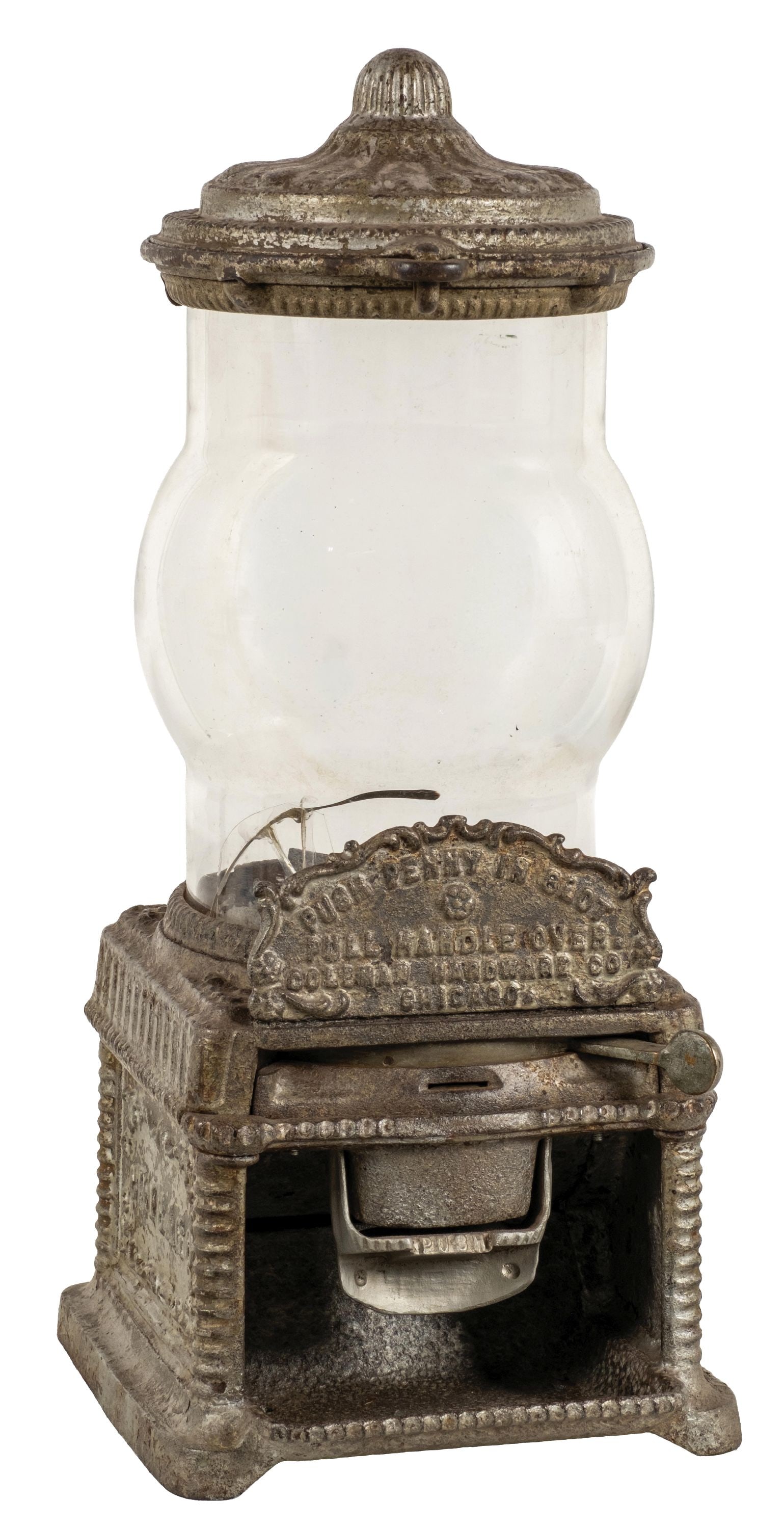 1¢ CAST IRON "CHICAGO" PEANUT VENDING MACHINE: C. 1905, Coleman Hardware Co. CONDITION: An all original "Chicago" peanut vending machine. It shows oxidation to the original plating and exterior, some surface oxidation and aged patina. It has an or