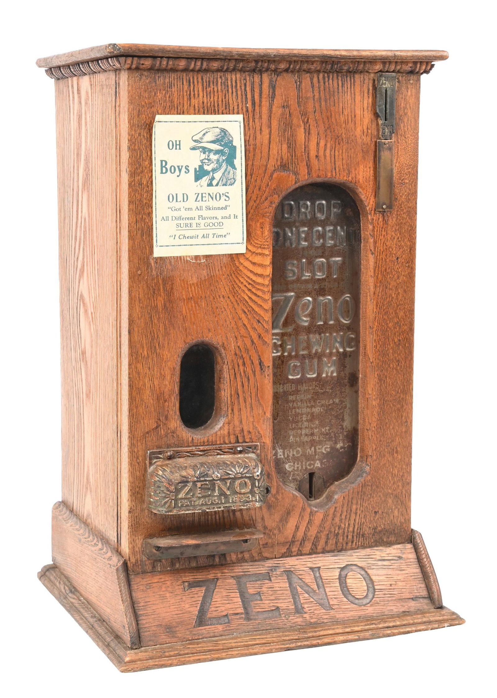 1¢ ZENO CHEWING GUM VENDING MACHINE: C: 1902. CONDITION: Showing an older refined case, added front decal, oxidation to the selection strip, and needing a little tweaking o work properly. Condition: (Good). Dimensions: 10 - 1/2" x 9" x 1