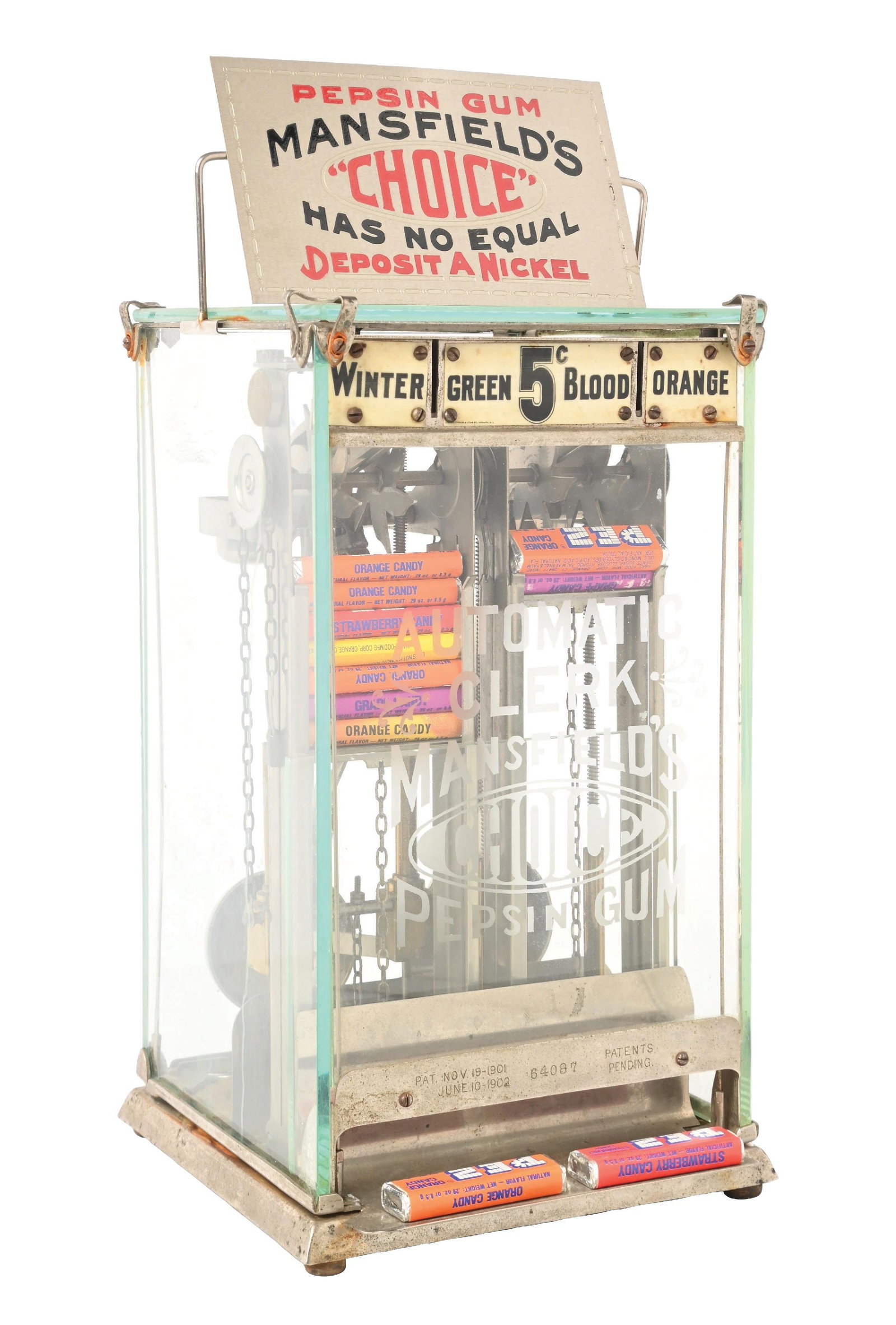 5¢ MANSFIELD AUTOMATIC CLERK PACKAGE GUM VENDING MACHINE: C. 1902. CONDITION: An all original machine with a stamped tin base. It has original glass on all four sides and top, original hold down brackets, reproduction marquee, original front glass and cellul