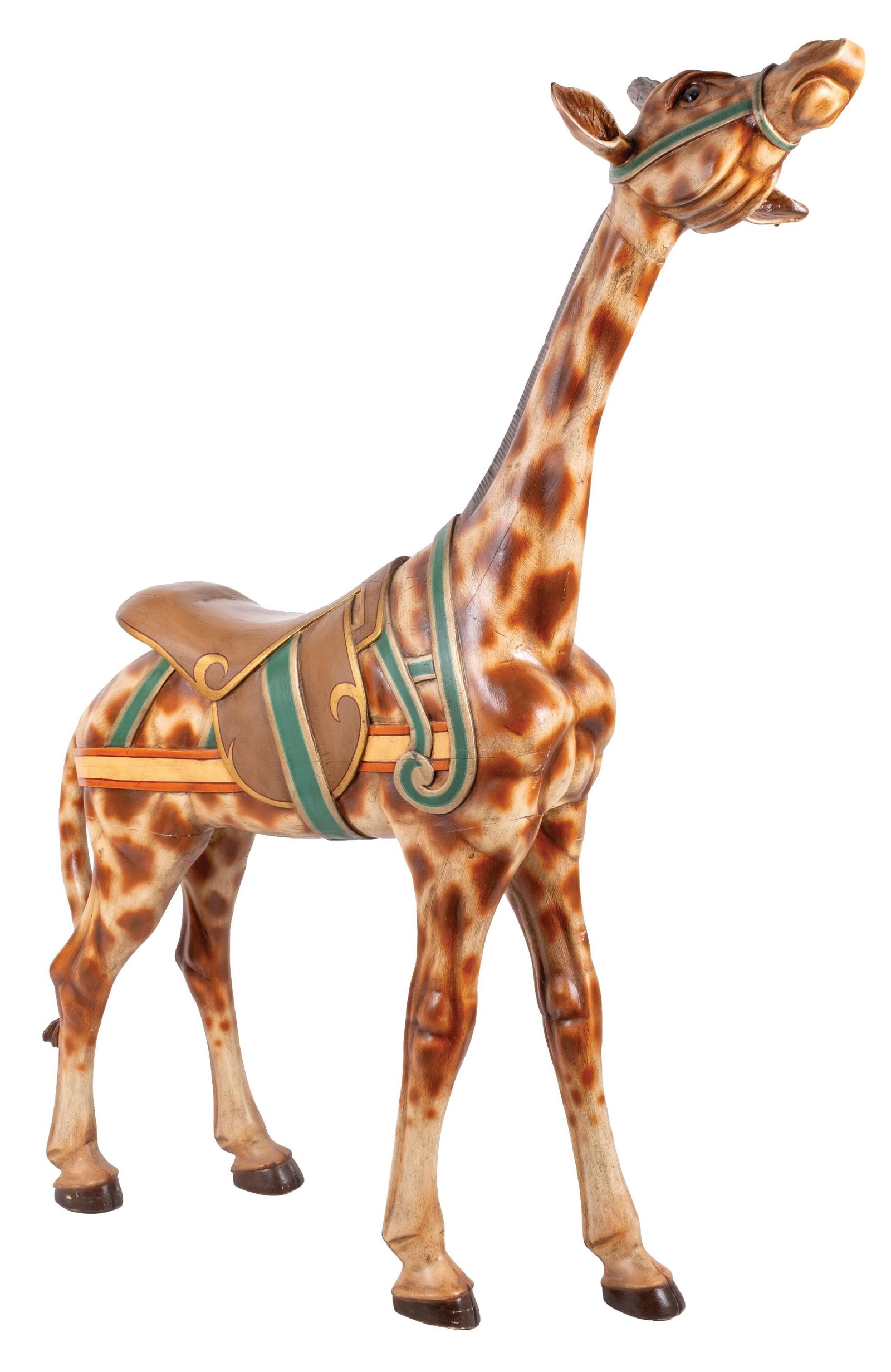 WOOD-CARVED CAROUSEL GIRAFFE FIGURE: C. 1920. CONDITION: It shows great detail to the giraffe, including face, ears, and legs. It has a mounting hole for brass pole, and shows light surface and age cracks, typical of unrestored carousel