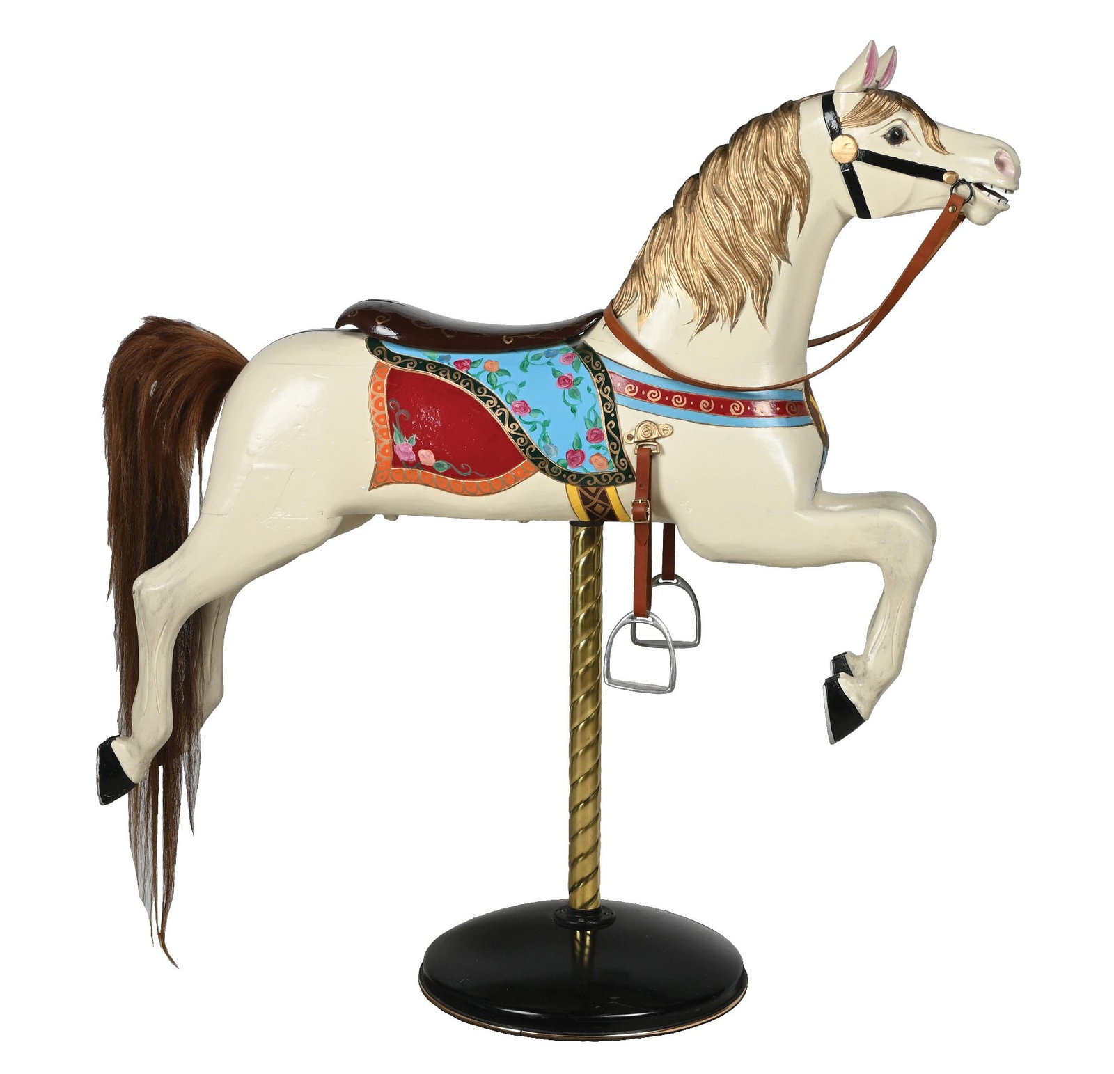 RESTORED WOODEN CAROUSEL HORSE WITH STAND: CONDITION: Showing new paint and contemporary stand. Good color and very little wear. Unknown provenance. This is not a standard shippable item and will require 3rd party shipping or pickup