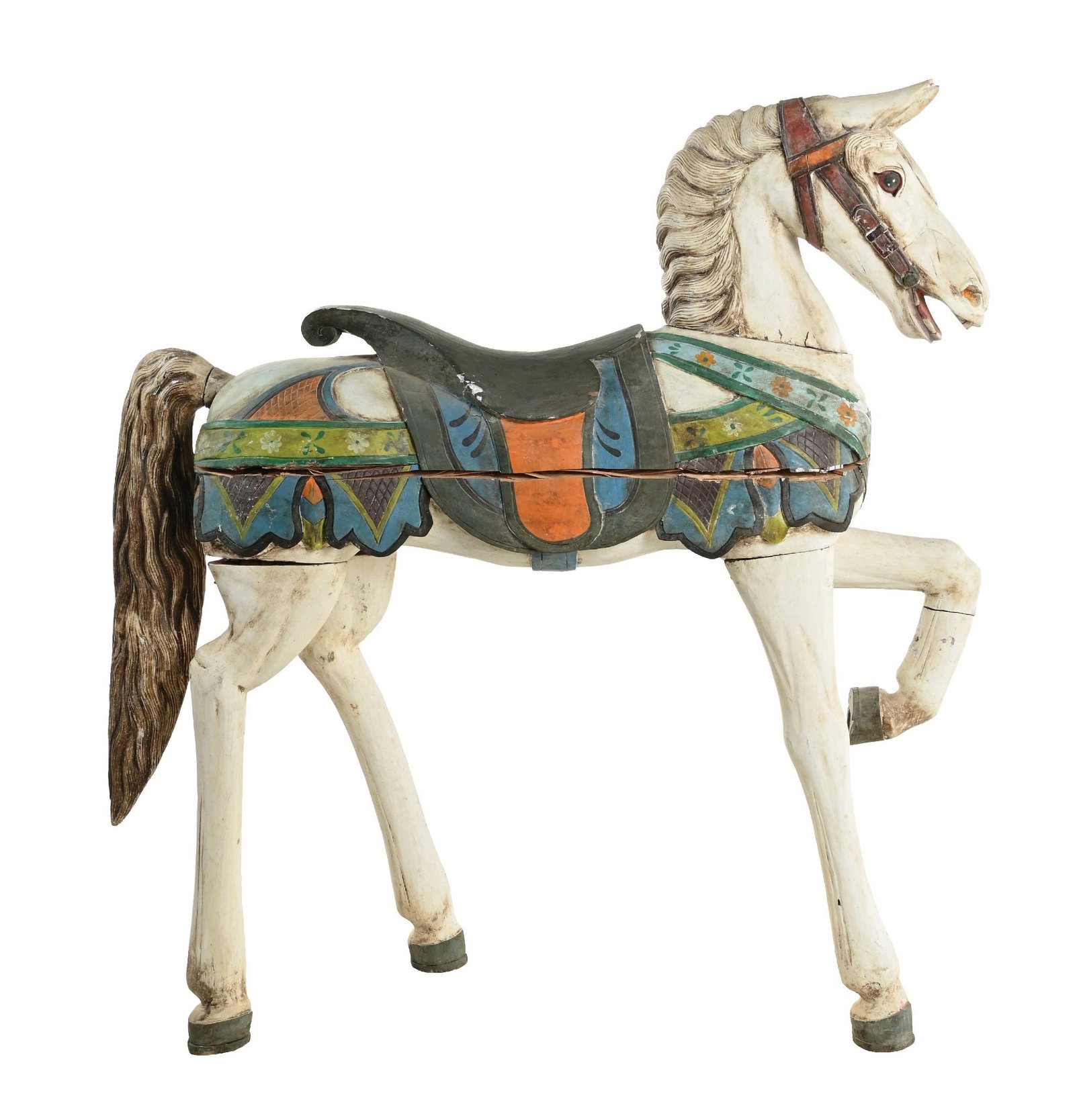 CAROUSEL HORSE RESTORATION PROJECT: CONDITION: Showing an original carousel horse i park paint that has been disassembled for restoration. showing age cracks and splits, with scuffs, scrapes and missing paint. Condition: (Poor - Fair).