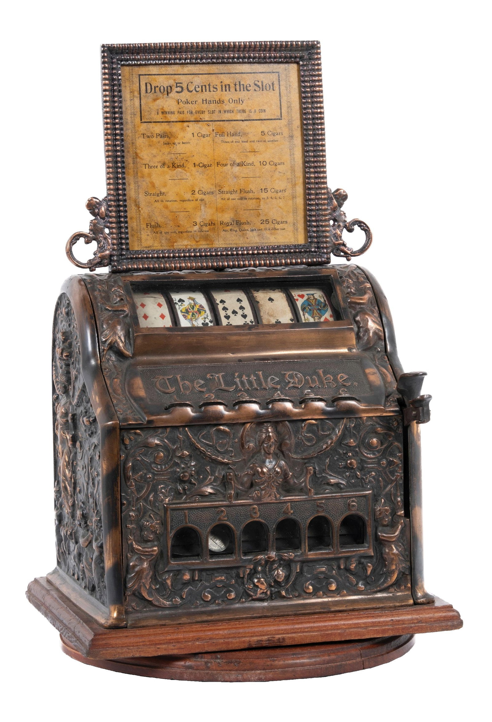 5¢ MILLS NOVELTY THE LITTLE DUKE TRADE STIMULATOR: C. 1905, The Mills Novelty Company, Chicago, IL. One of the most ornate and intricately casted trade stimulators made by Mills Novelty at the turn of the 20th century. Very high-relief casting showing