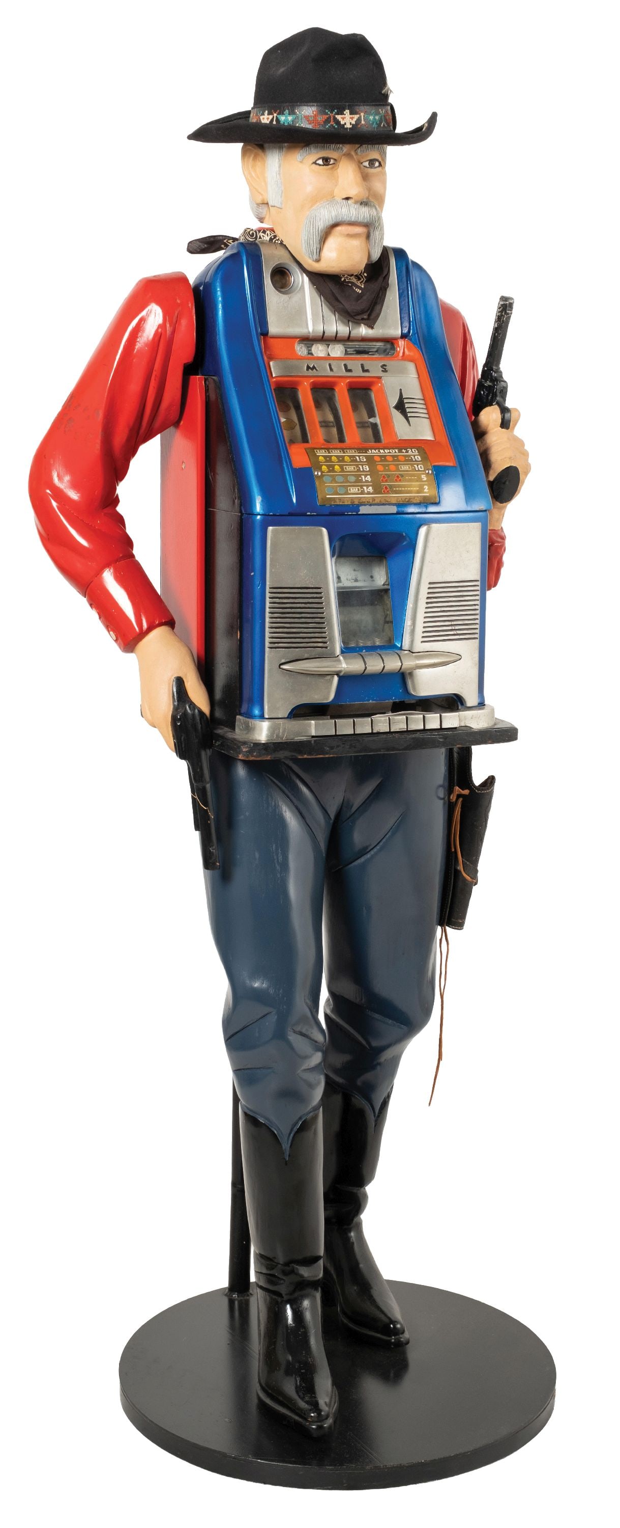 25¢ MILLS "HIGH TOP DICK DELONG BANDIT SLOT MACHINE: CONDITION: An authentic Dick DeLong carved bandit with Mills high-top Slot. Showing strong color, light wear overall with new reel strips and award card. original back door, play and pays correctly, t