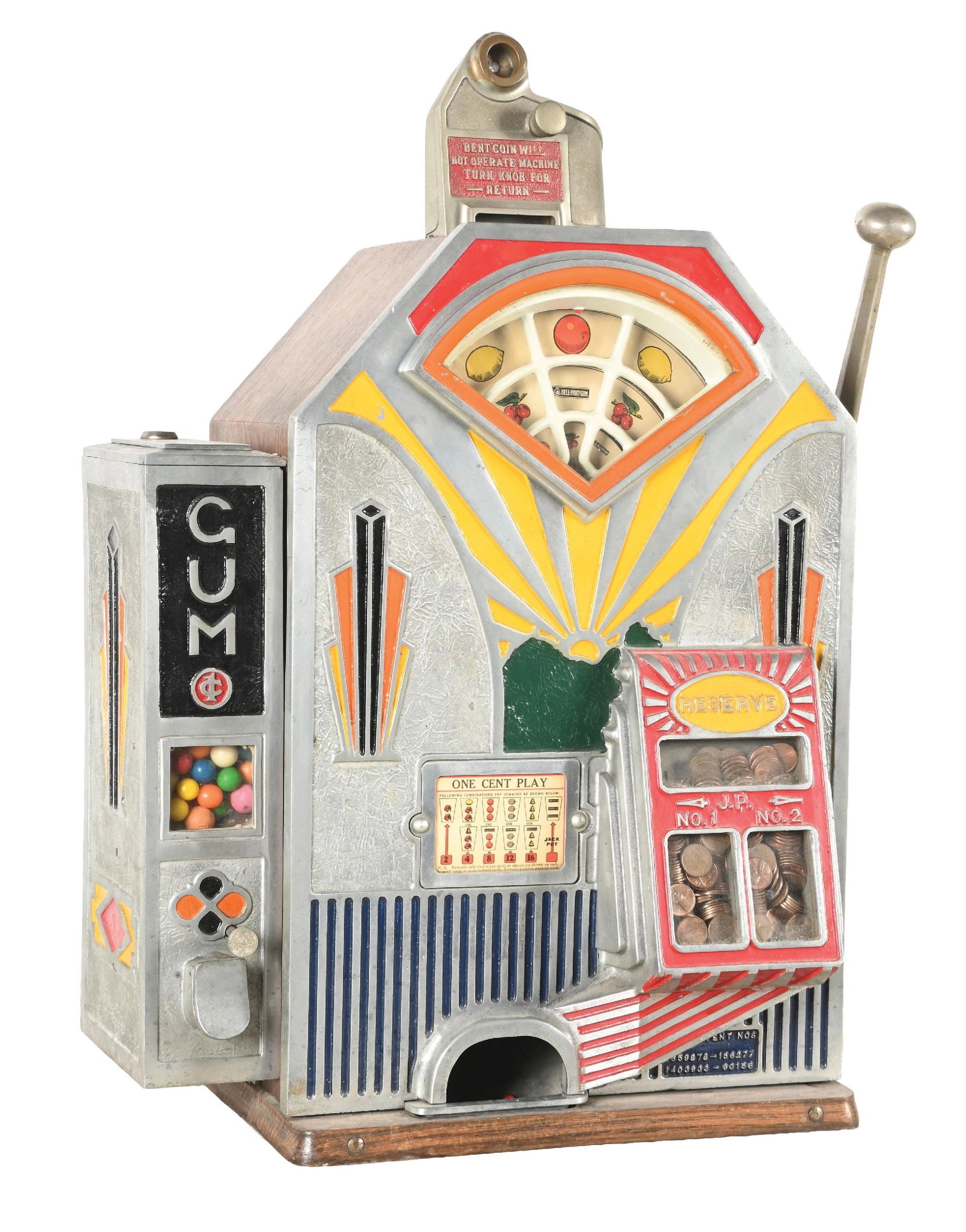 1¢ JENNINGS & CO. LITTLE DUKE SLOT MACHINE WITH SIDE VENDER: CONDITION: Showing an older restoration with new reel strips, award card, paint and plating. With original back door and cash box. Plays and pays correctly, including the jackpot. The side vender is f