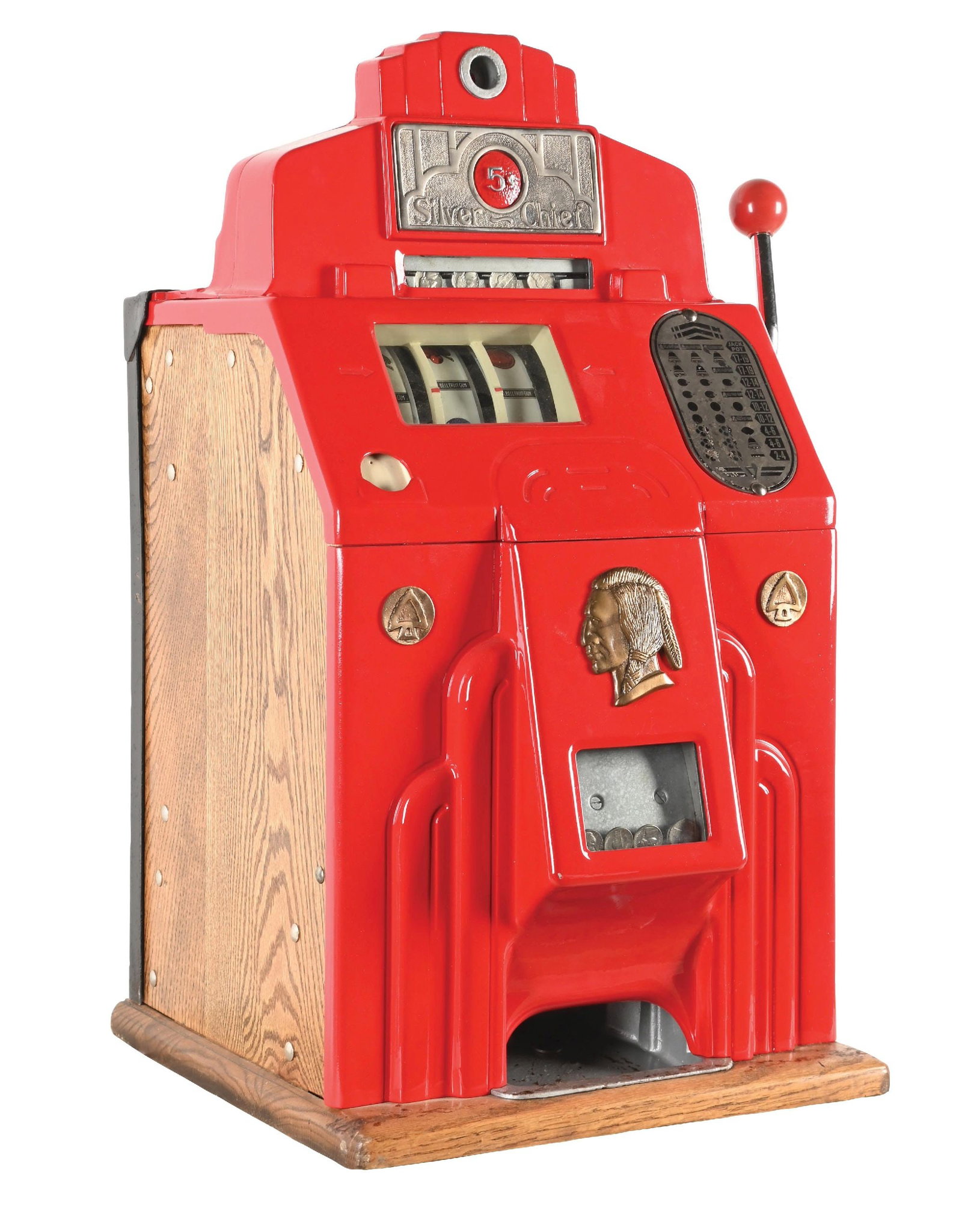 5¢ O.D. JENNINGS & CO. SILVER-CHIEF SLOT MACHINE: CONDITION: Showing a much older restoration with new Cabinet, new reel strips and no cash box. Award card is original as is the back door. Plays and pays correctly however the escalator is stuck on fr