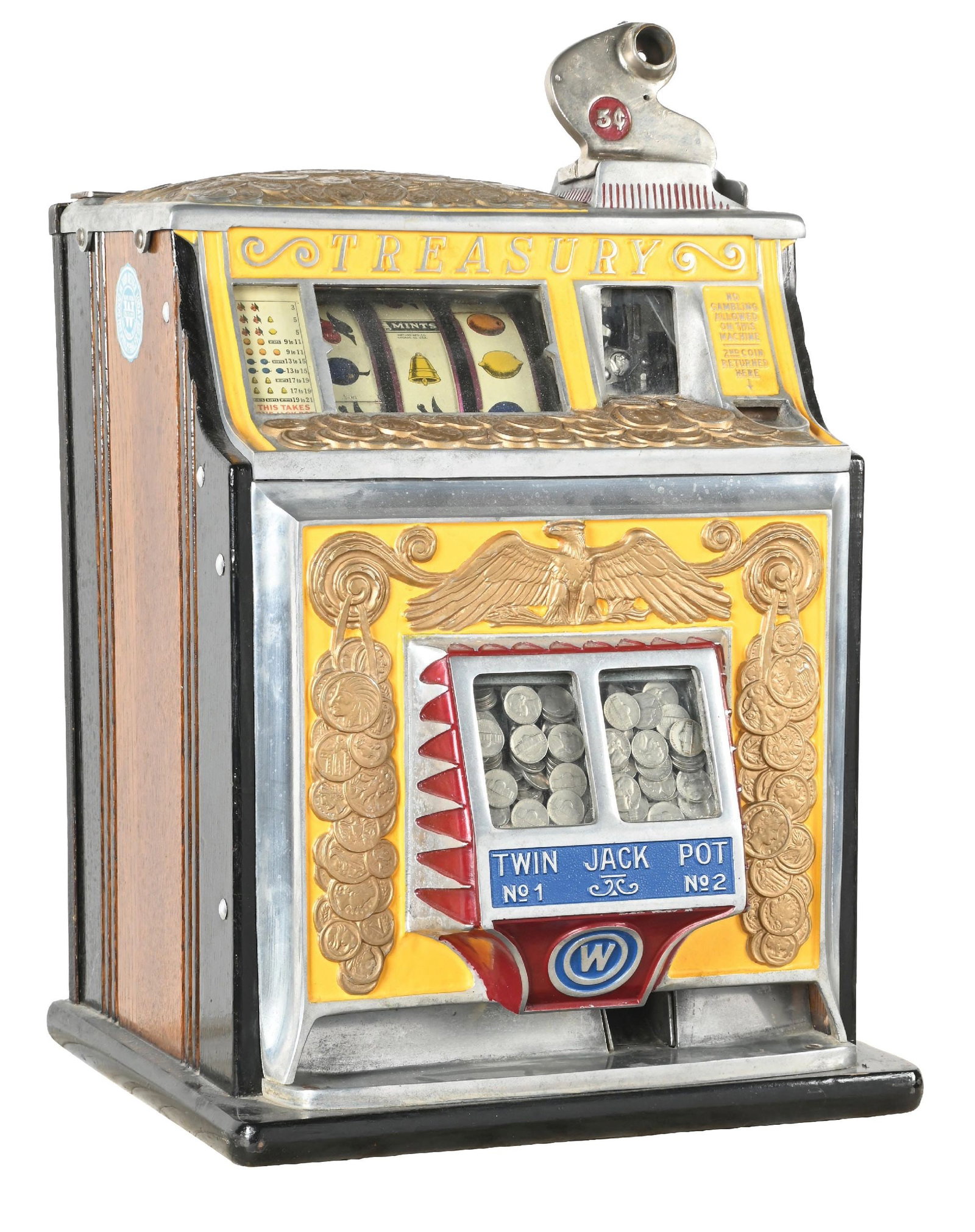 5¢ WATLING MFG. CO. TREASURY TWIN JACKPOT SLOT MACHINE: CONDITION: Showing an older restoration, with new paint and plating. Has original reel strips, award card, back door and cash box. Plays and pays correctly, including the jackpot. This is not a standa