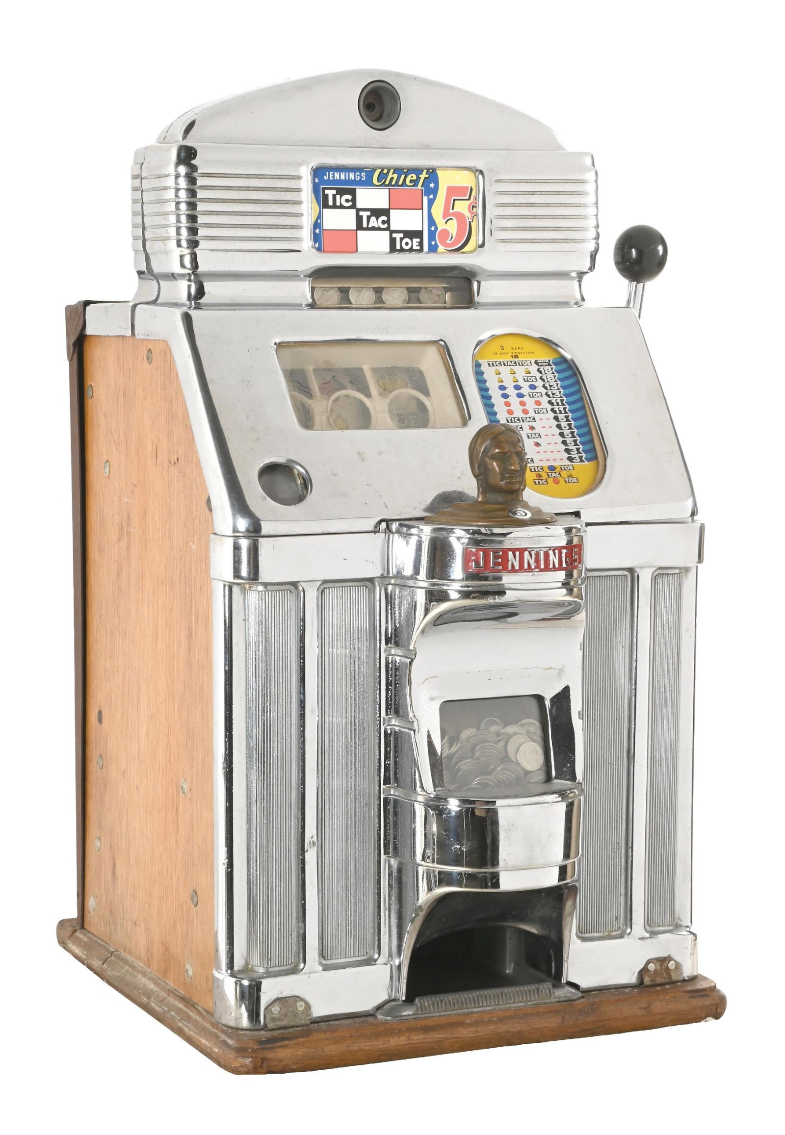 5¢ JENNINGS CHIEF TIC-TAC-TOE SLOT MACHINE: CONDITION: Showing an unrestored condition with damaged original reel strips, original award card and back door with cash box. The mech has broken linkage and will not cycle, the slot is untested for 