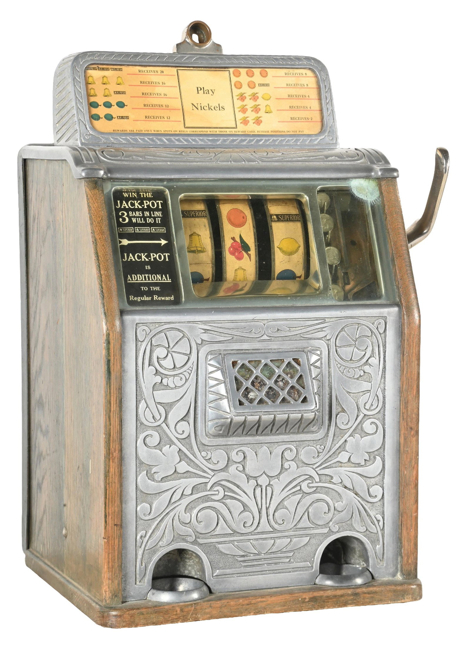 5¢ CAILLE BROS. SUPERIOR BELL SLOT MACHINE: CONDITION: Showing an unrestored Superior with original reel strips, award card, back door and no cash box. Plays and pays correctly including the jackpot. This is not a standard shippable item and wi