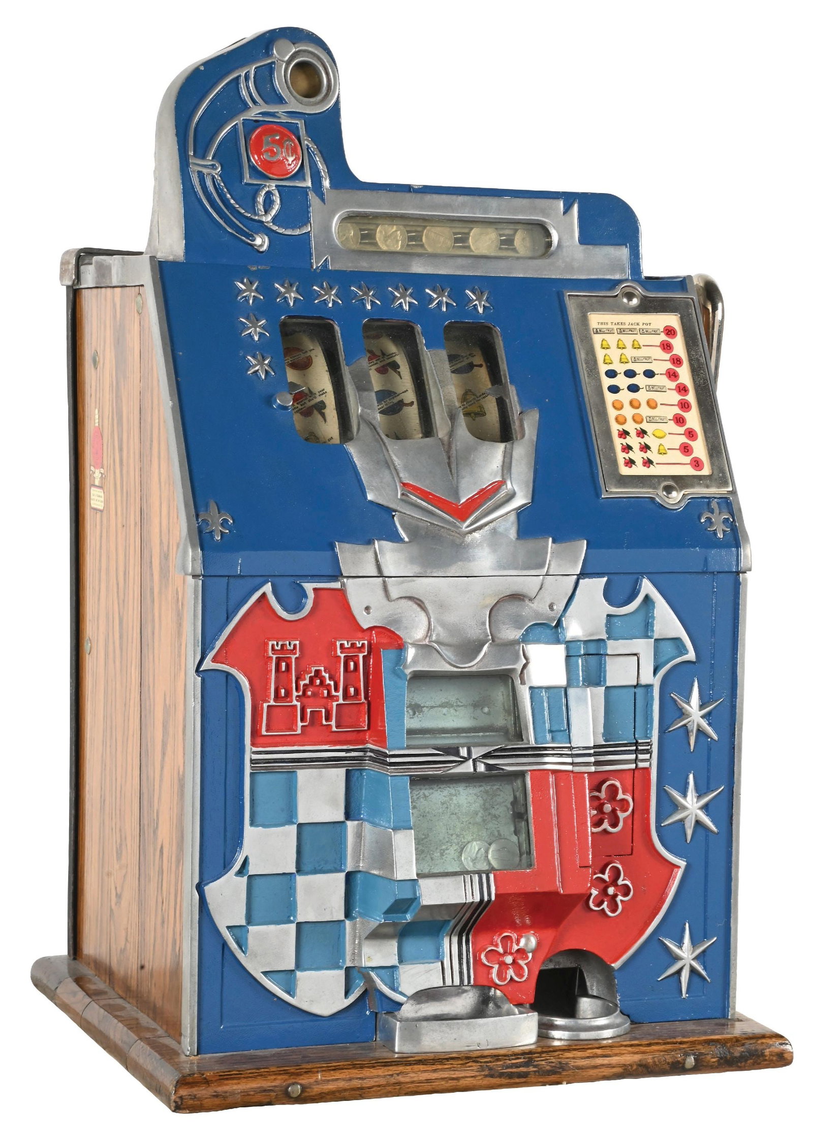 5¢ MILLS NOVELTY CO. CASTLE FRONT SLOT MACHINE: CONDITION: Showing an older restoration with new reel strips, award card, lock, paint and plating. Original back door and cash box. Plays and pays correctly, including the jackpot. This is not a stand