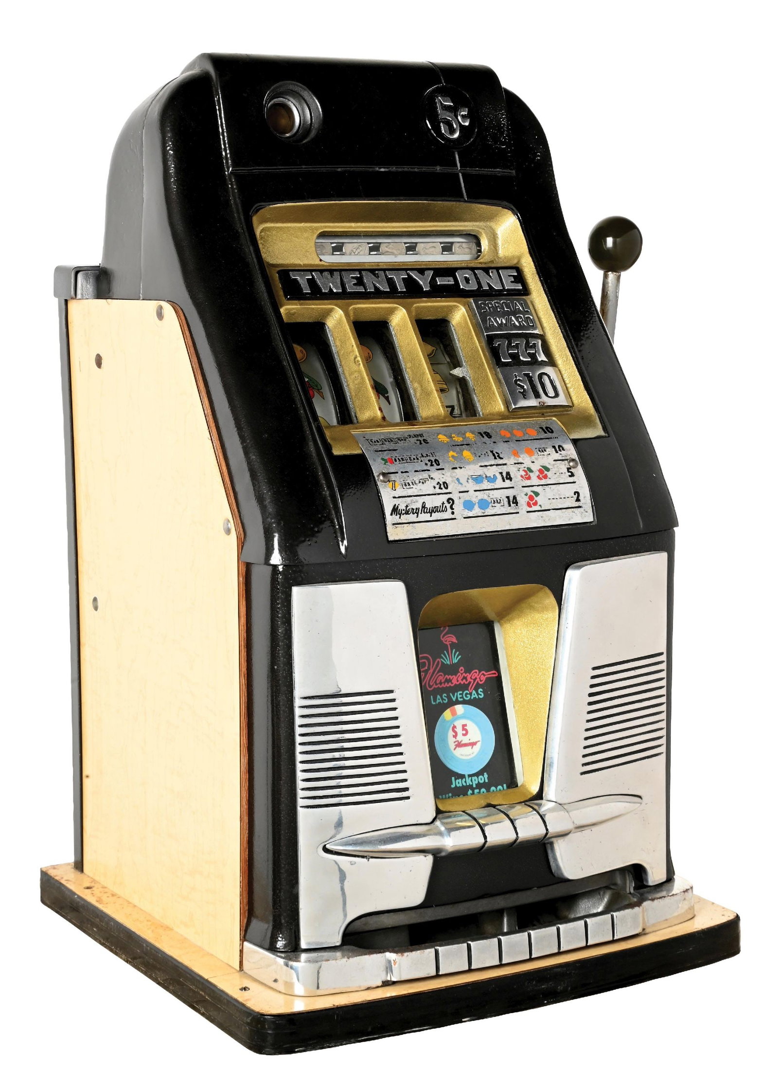 5¢ MILLS NOVELTY CO. TWENTY-ONE HIGH TOP SLOT MACHINE: CONDITION: Showing an unrestored condition with new reel strips, original award card and backdoor and cash box. Plays and pays correctly with guaranteed jack pot. This is not a standard shippable item