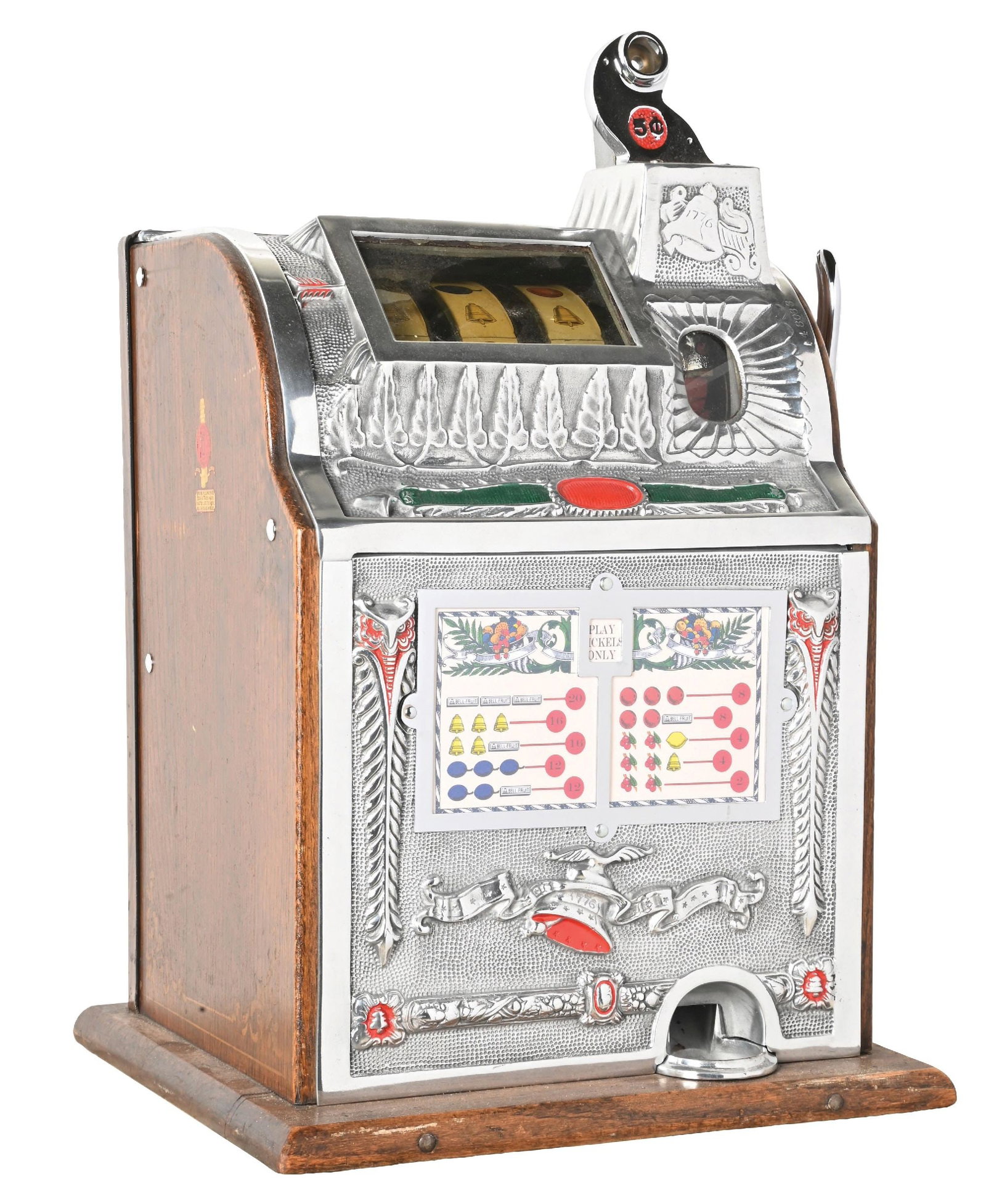 5¢ MILLS NOVELTY CO. BELL SLOT MACHINE: CONDIRION: Showing an unrestored condition with original reel strips, award card, back door and cash box. Plays and pays correctly, with no jackpot. This is not a standard shippable item and will requ